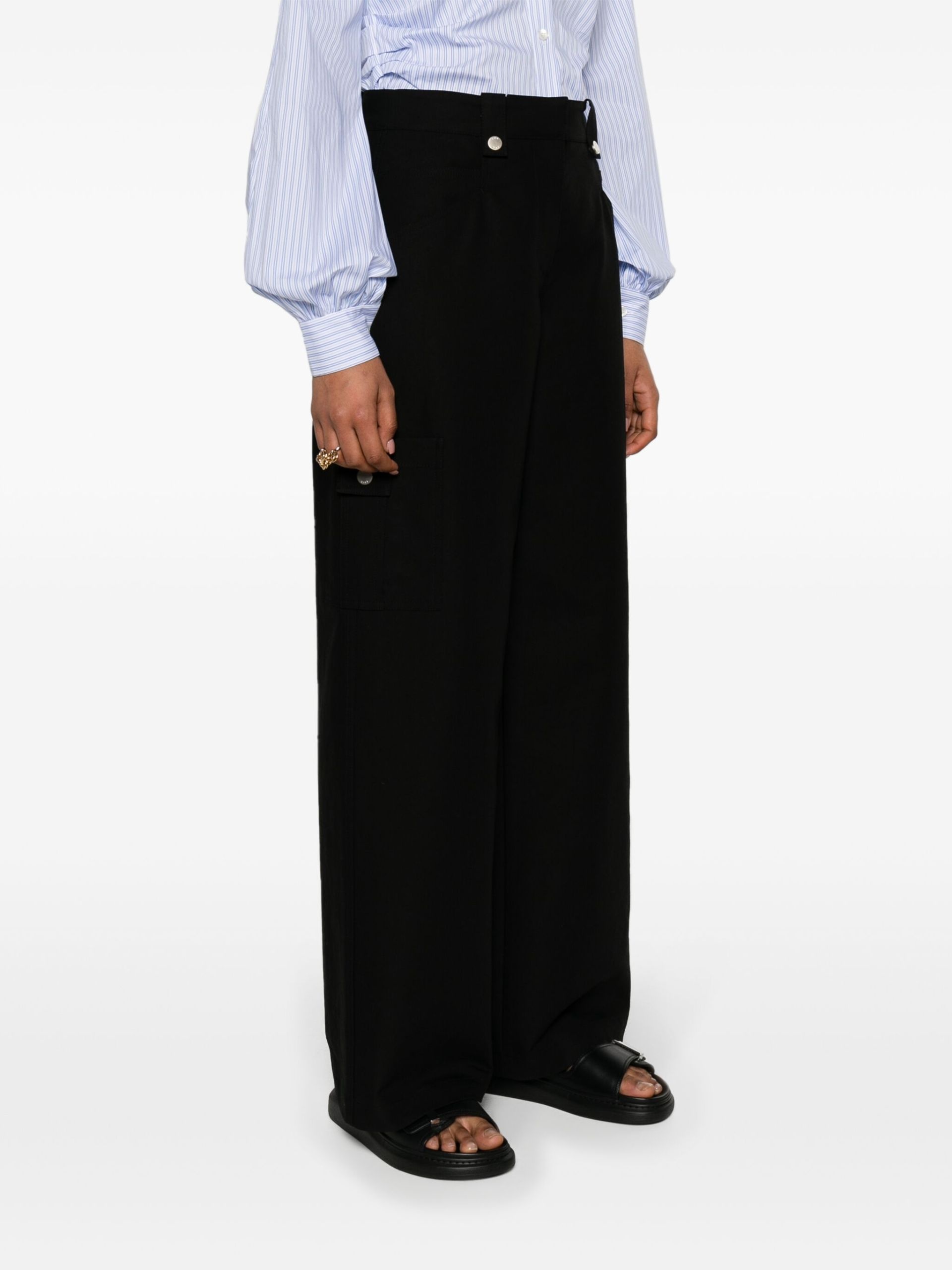 Black Wide-Leg Cotton Cargo Trousers - 3