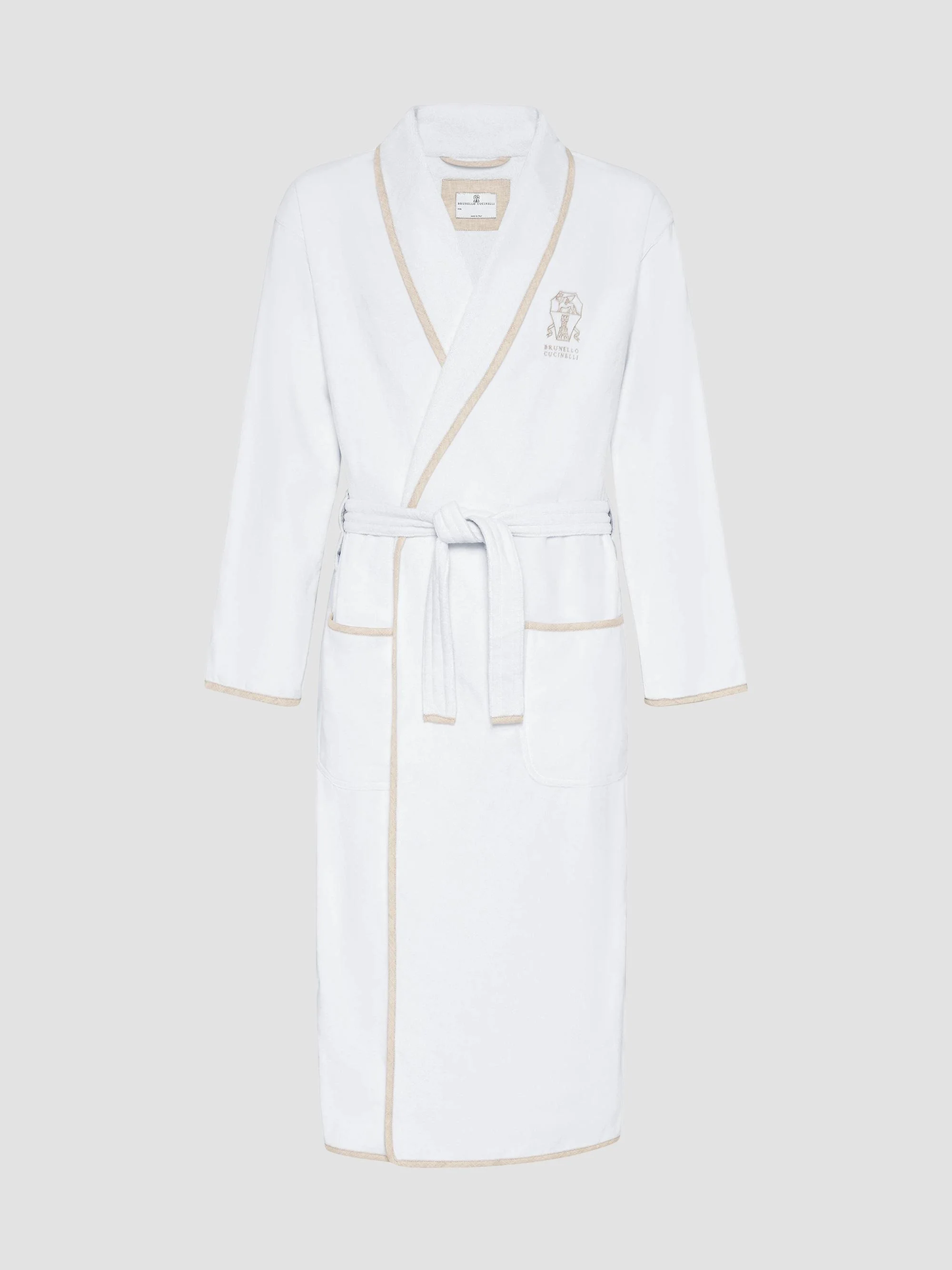 Women's Cotton Terrycloth Bathrobe with Linen Trims - White - 1