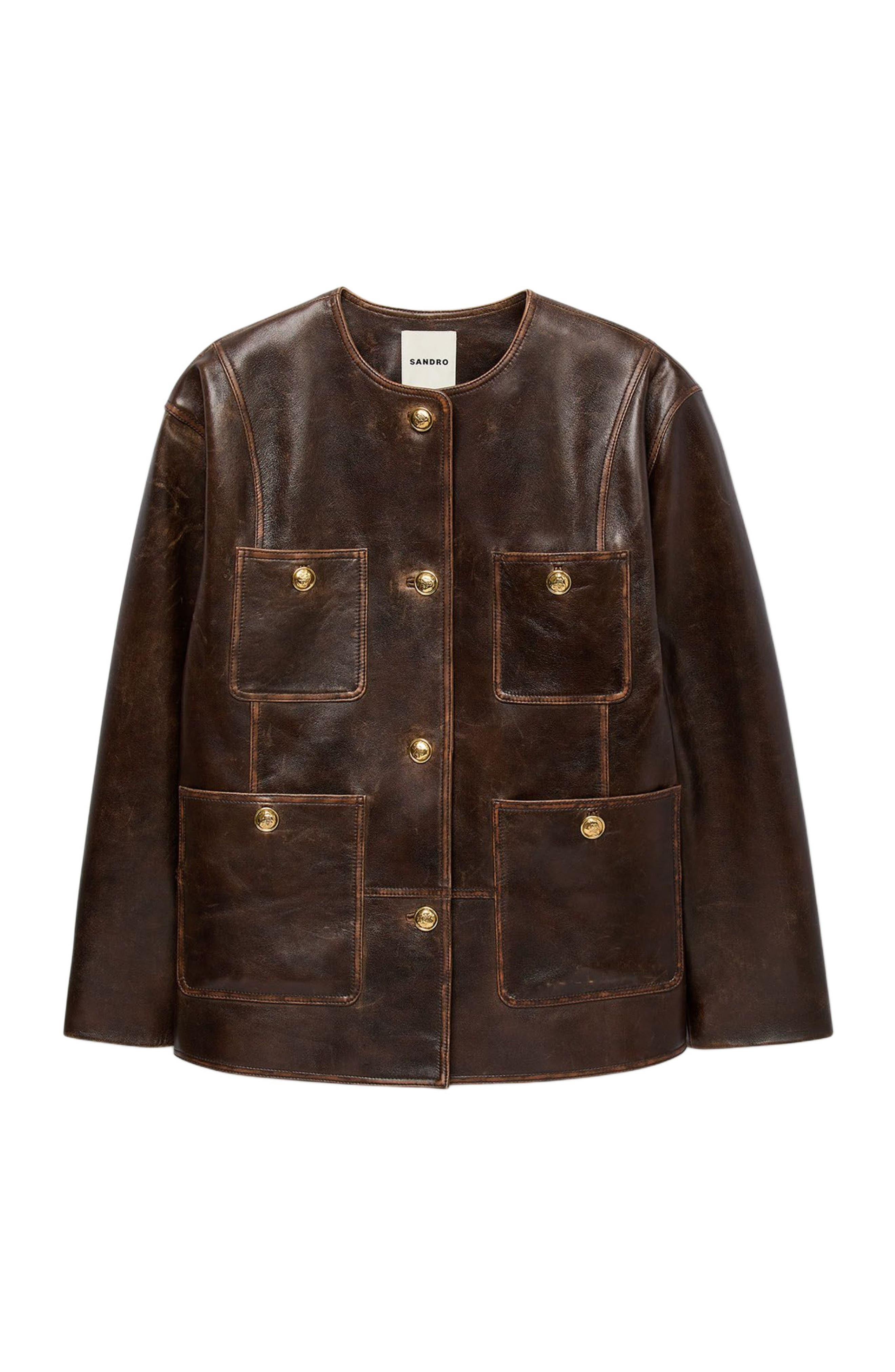 SANDRO Long distressed leather jacket in Black Brown at Nordstrom - 5