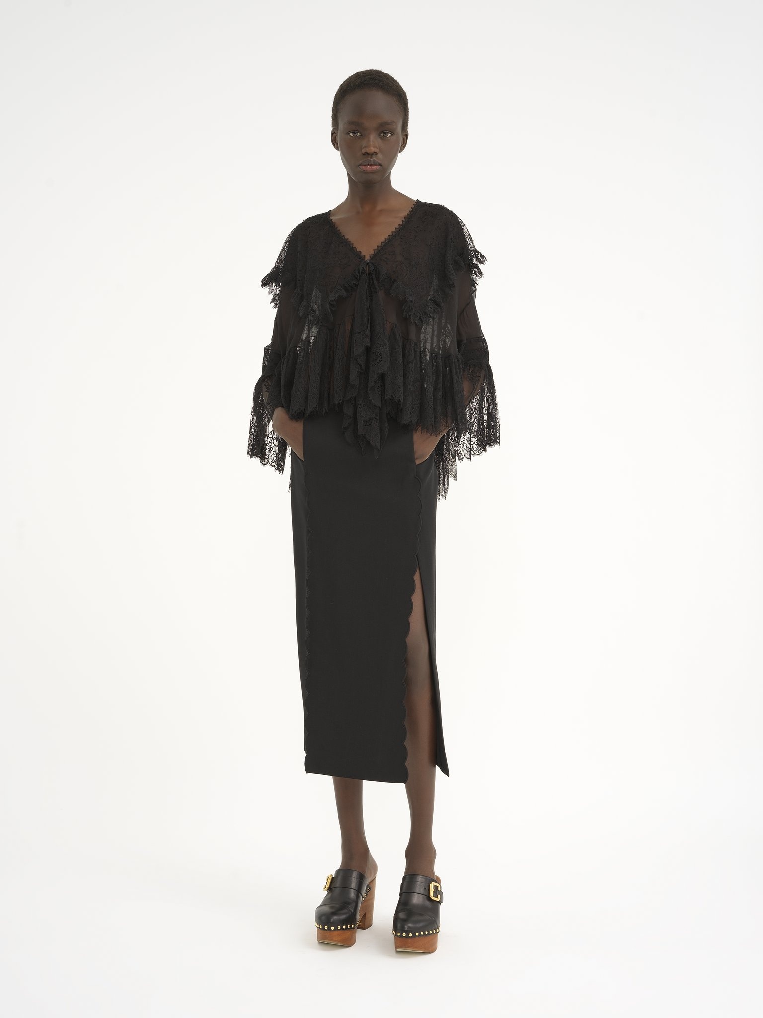 SCALLOP EMBROIDERED COLUMN SKIRT IN FLUID VISCOSE - 3