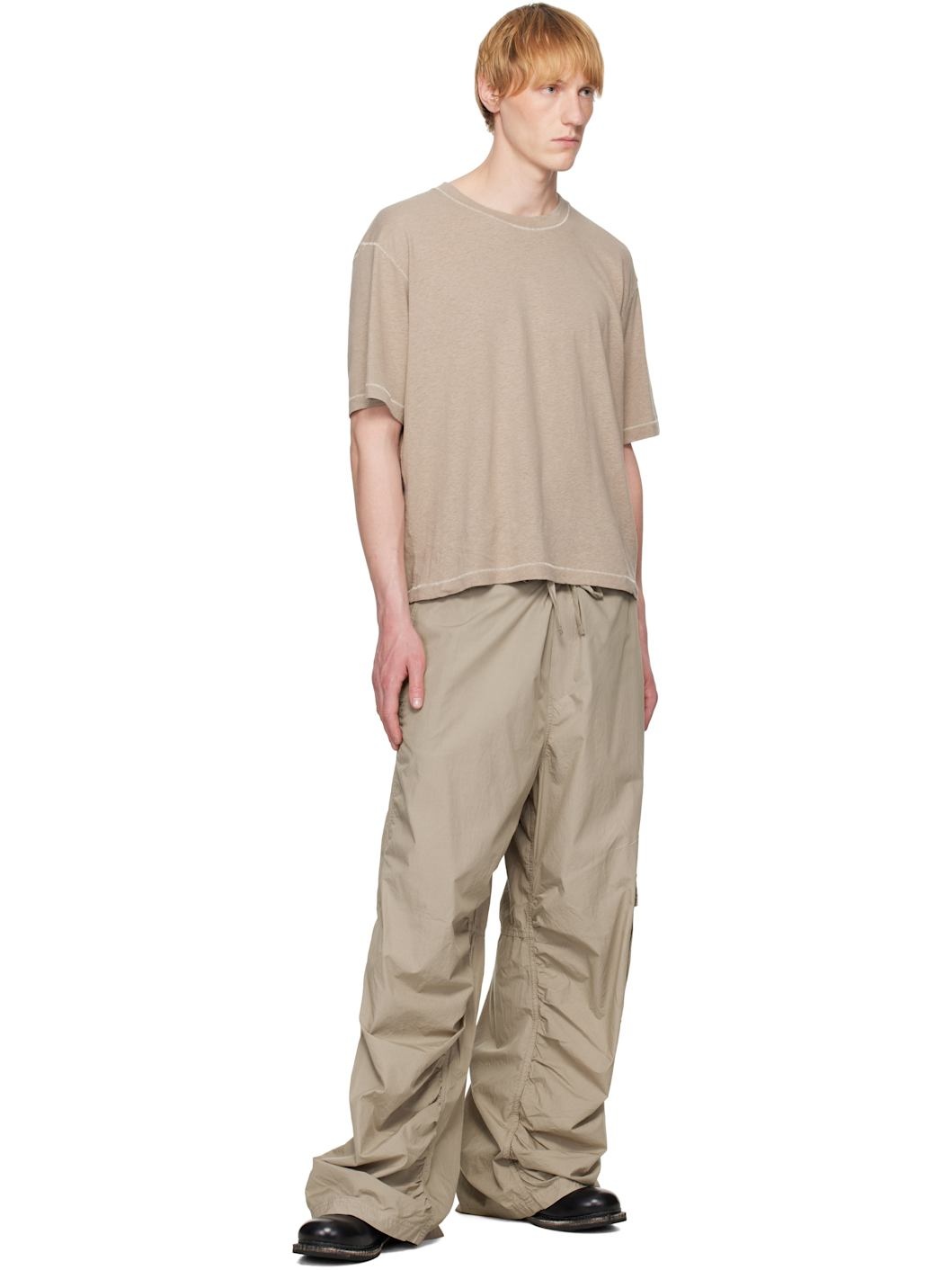 Beige Loose Drawstring Collapse Cargo Pants - 4