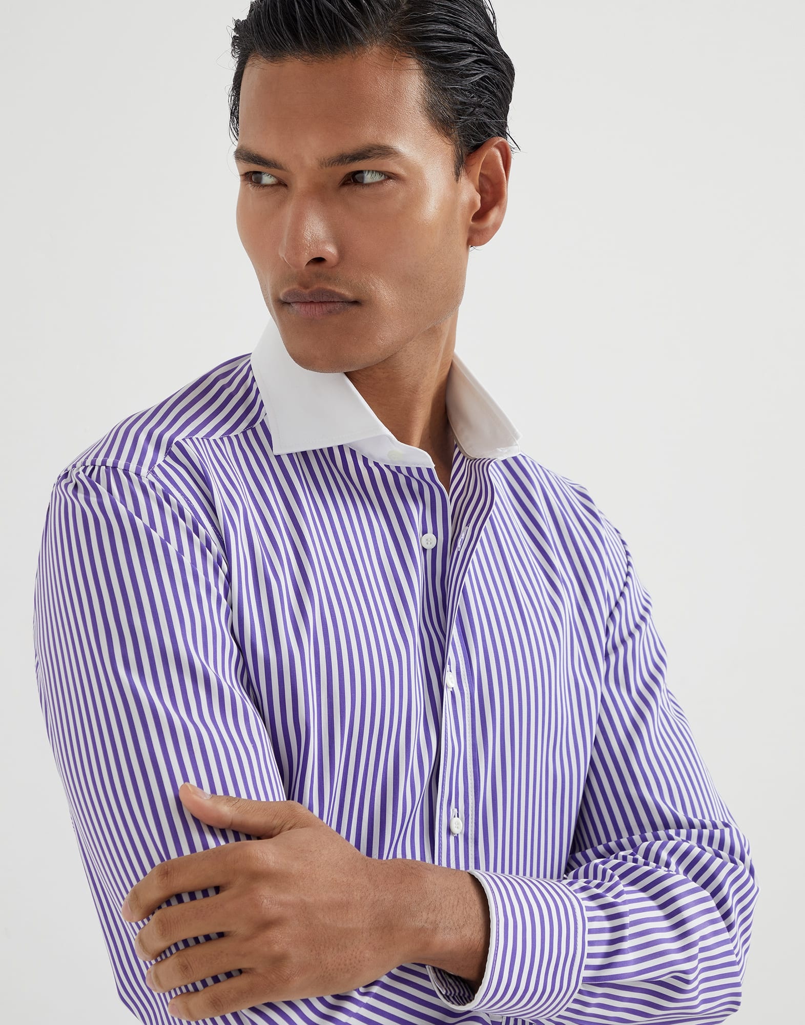 Striped poplin slim fit shirt with white collar - 3