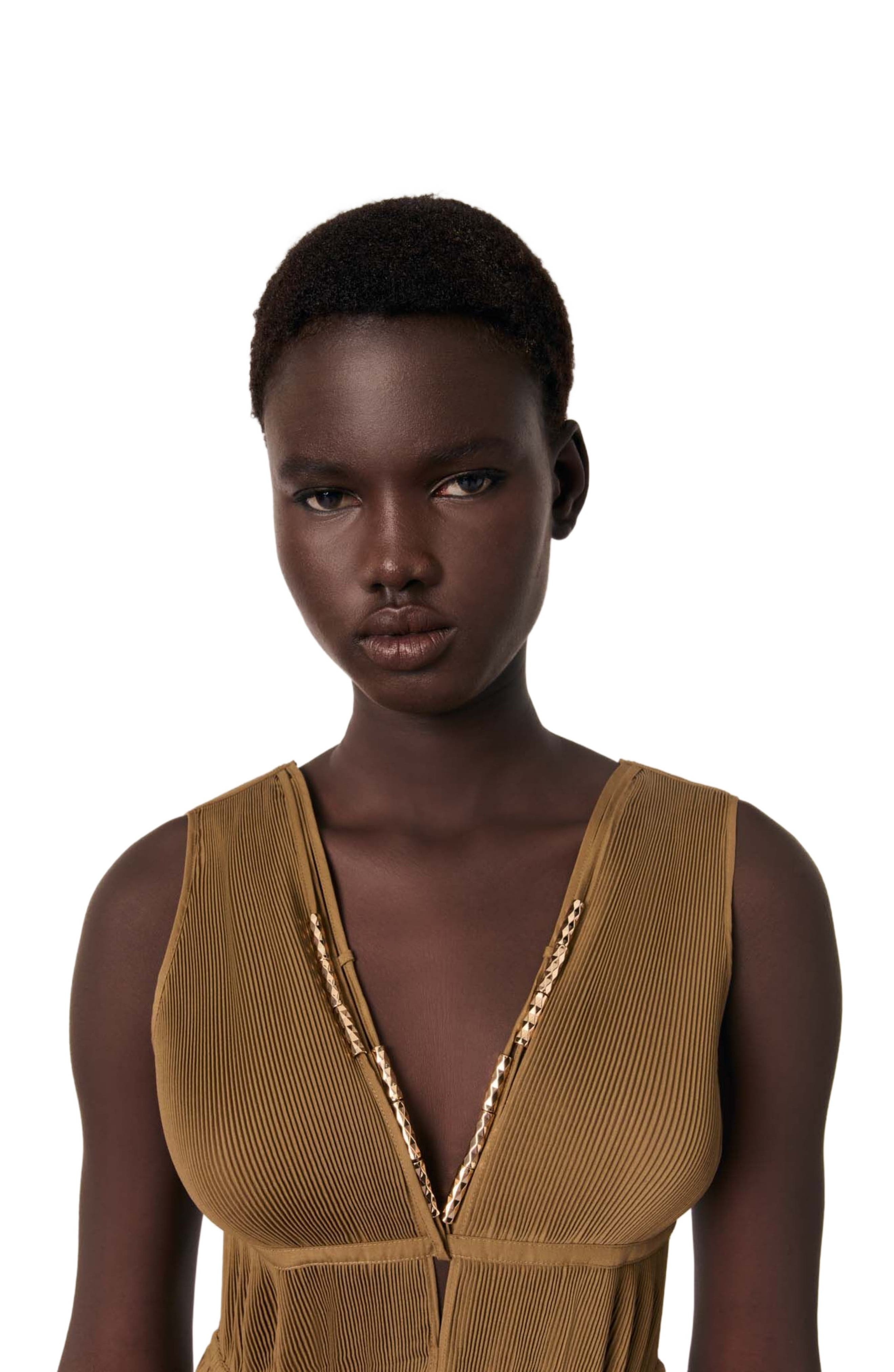 maje Jewellery neckline pleated dress in Khaki at Nordstrom - 9