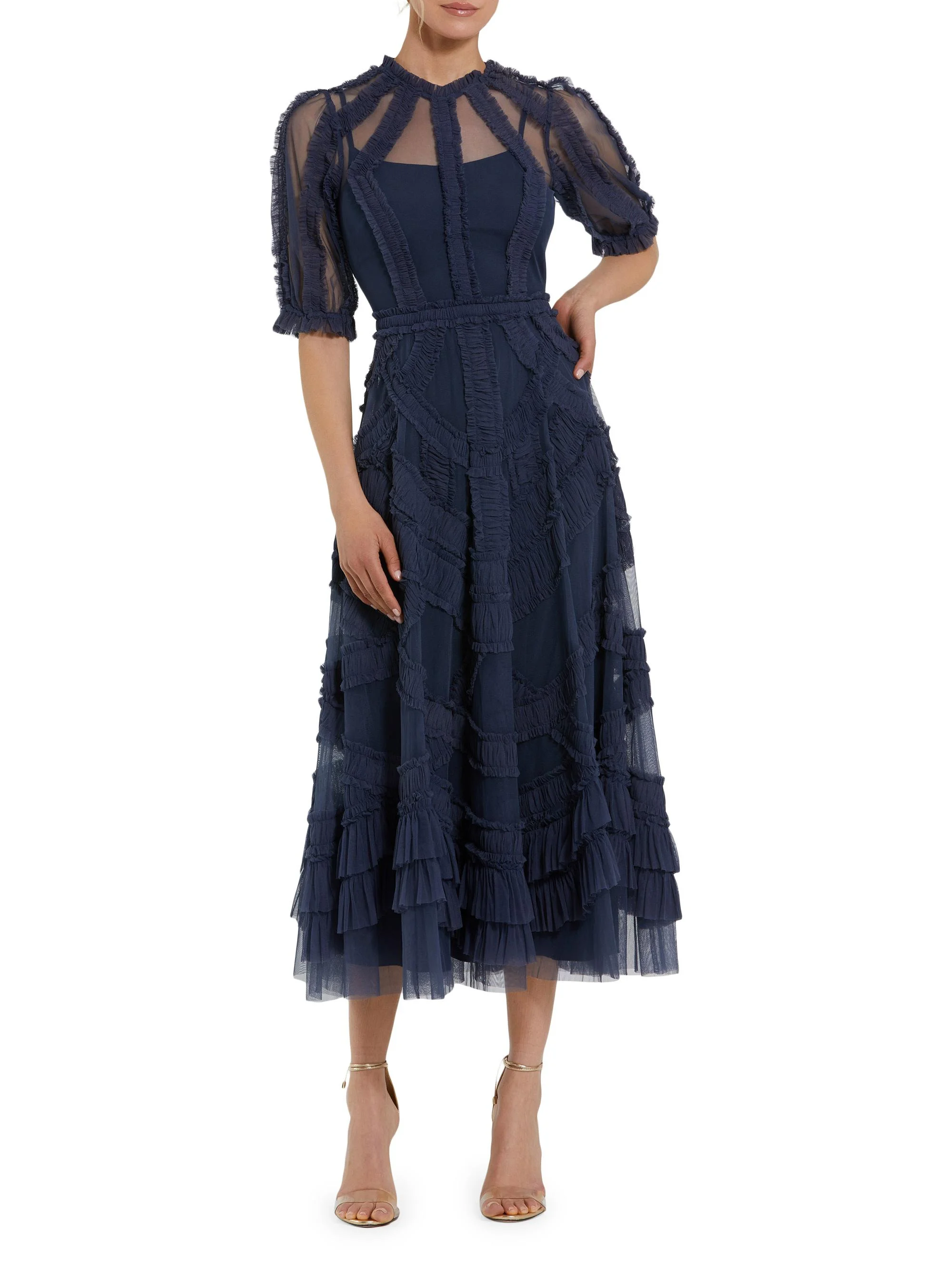 Women's High-Neck Gathered Tulle Midi-Dress - Midnight - 1