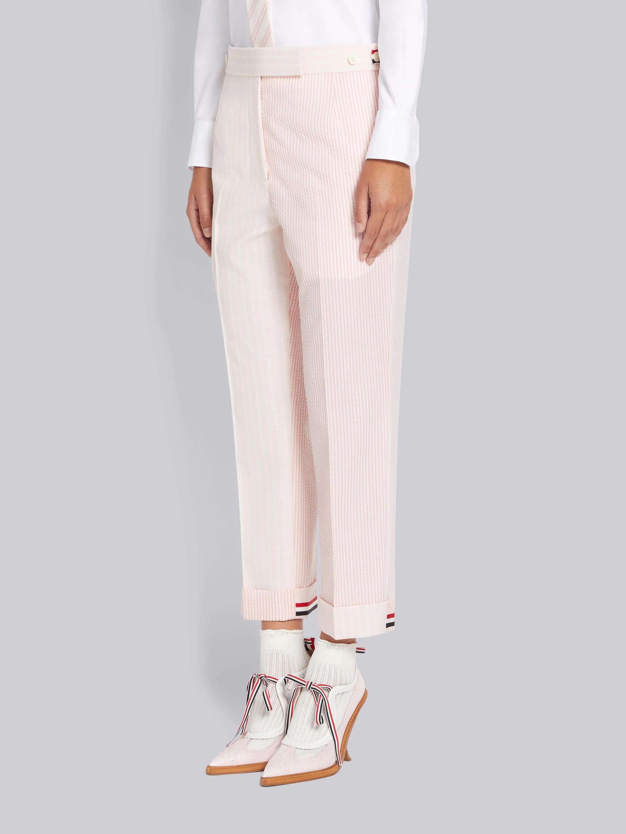 Light Pink Fun-Mix Hairline Stripe Twist Yarn Suiting And Wool Seersucker Low Rise Side Tab Slim Tro - 2