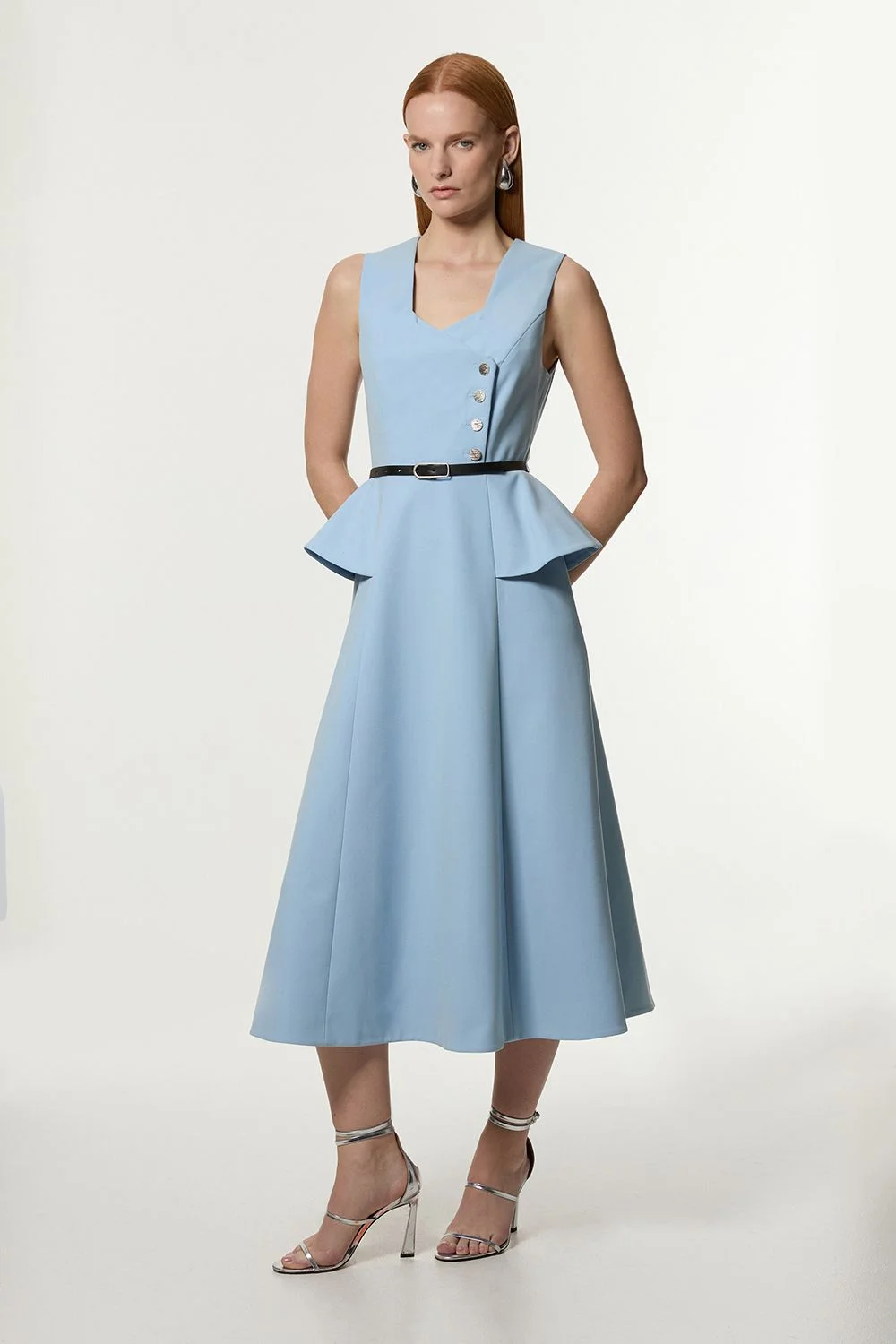 Petite Compact Stretch Belted Peplum Detail Full Skirted Midi Dress - 1