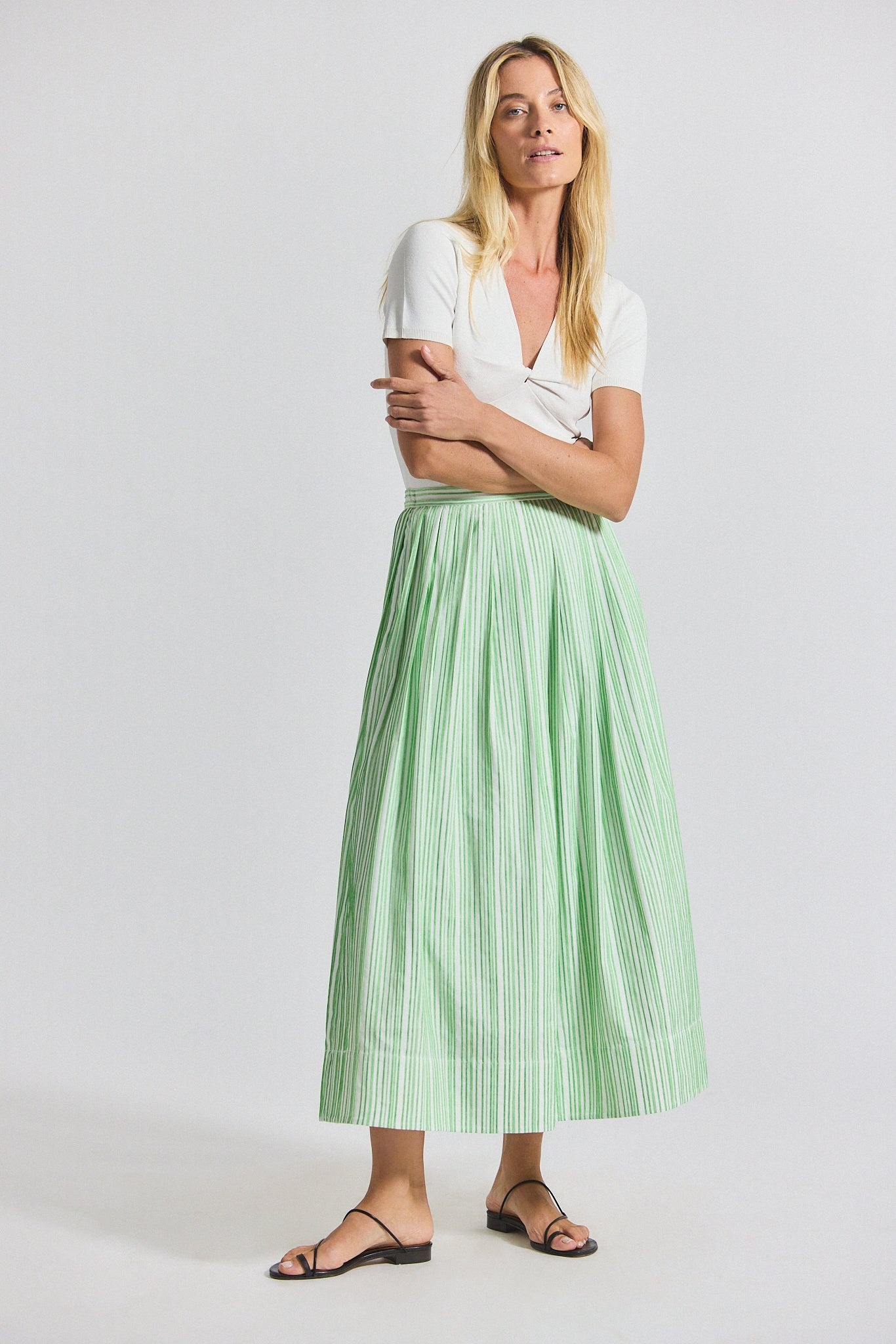 ALEXIA PINTUCK STRIPE SHIRTING PLEATED MAXI SKIRT - 1