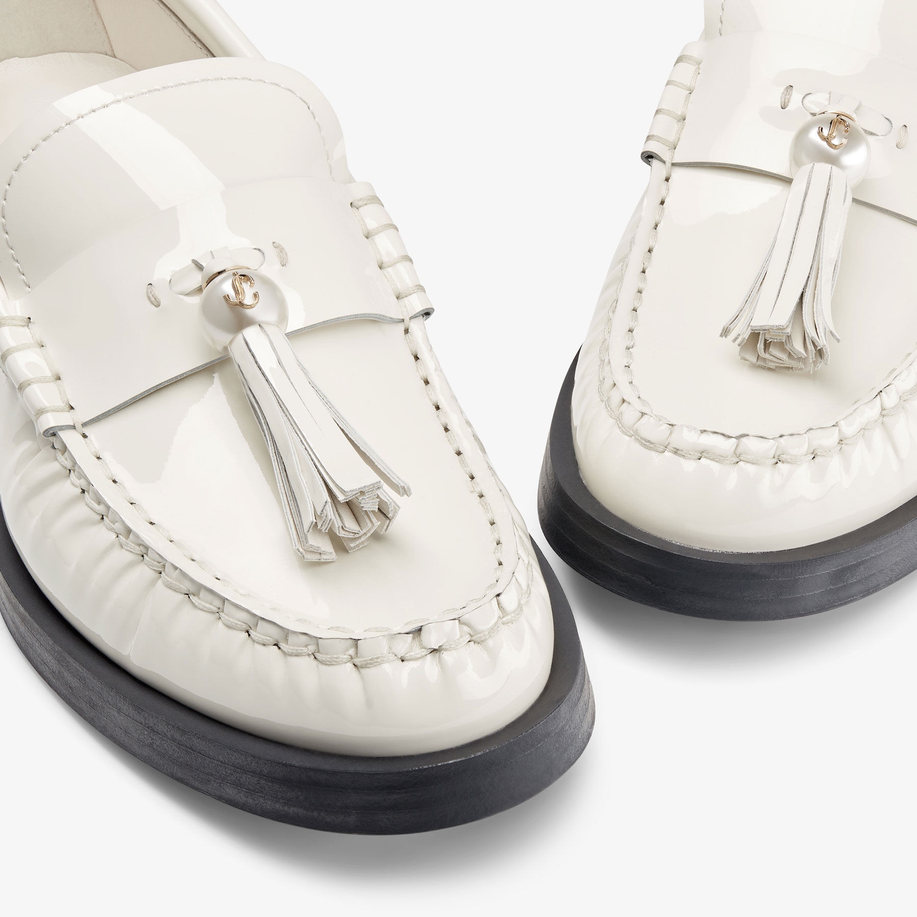 Addie/Pearl
Latte Patent Leather Flat Loafers with Pearl Tassel - 3