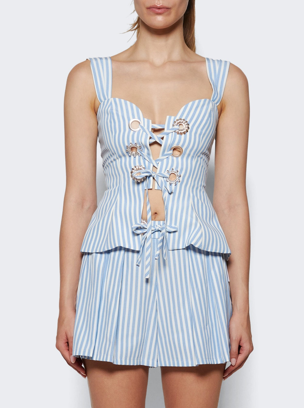 Crystal Grommet Poplin Corset Top White And Blue - 2