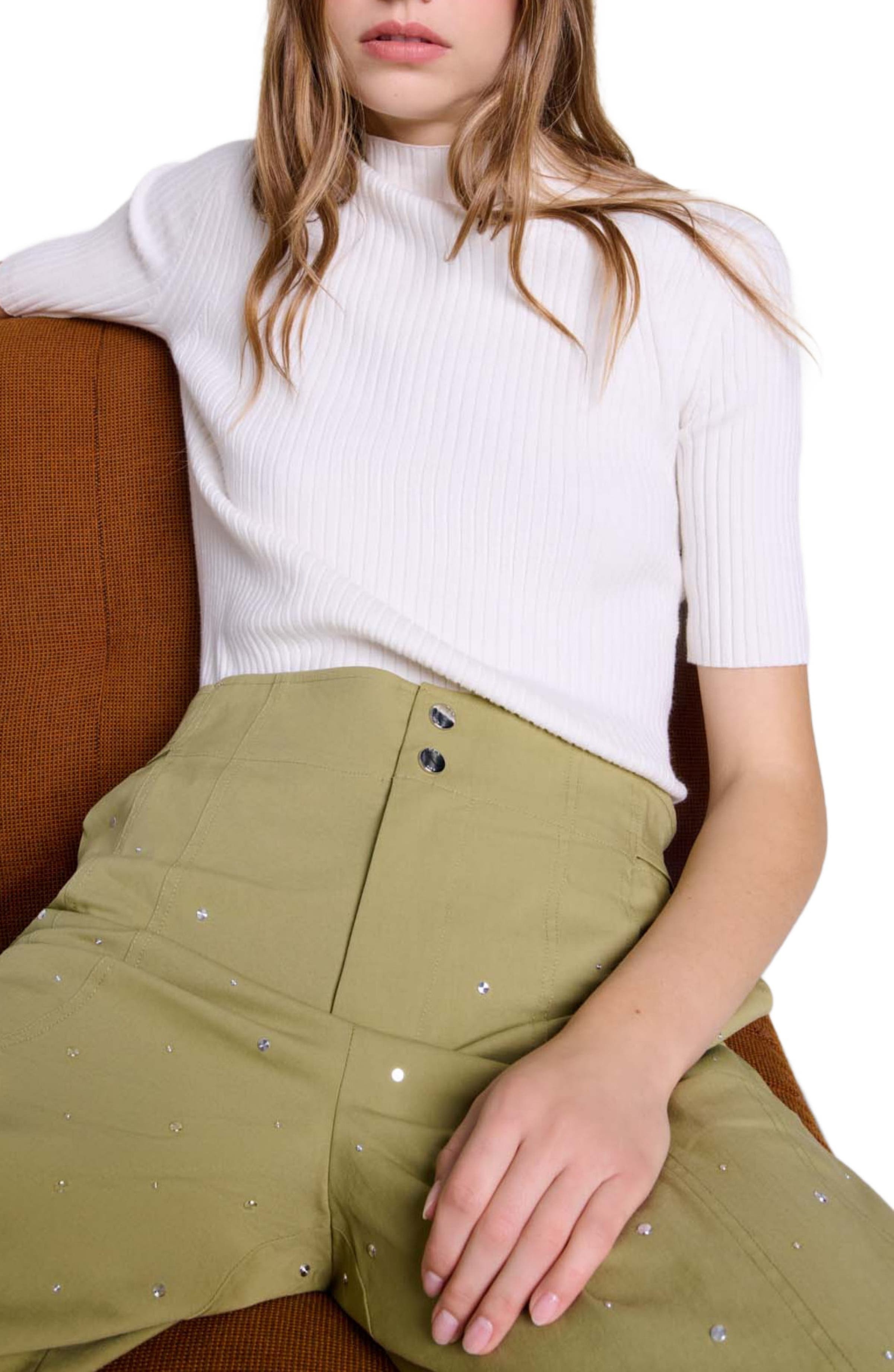 maje Cotton and silk ribbed top in Ecru at Nordstrom - 6