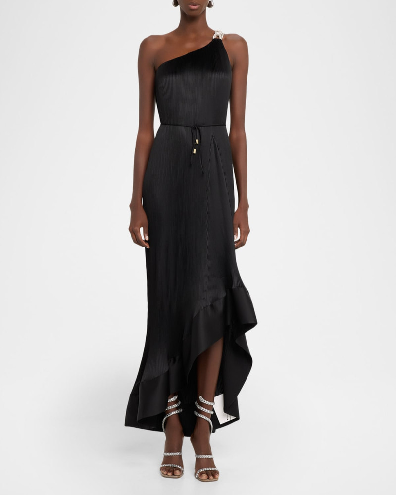 MILLY Mariah One-Shoulder Pleated Satin Maxi Dress outlook