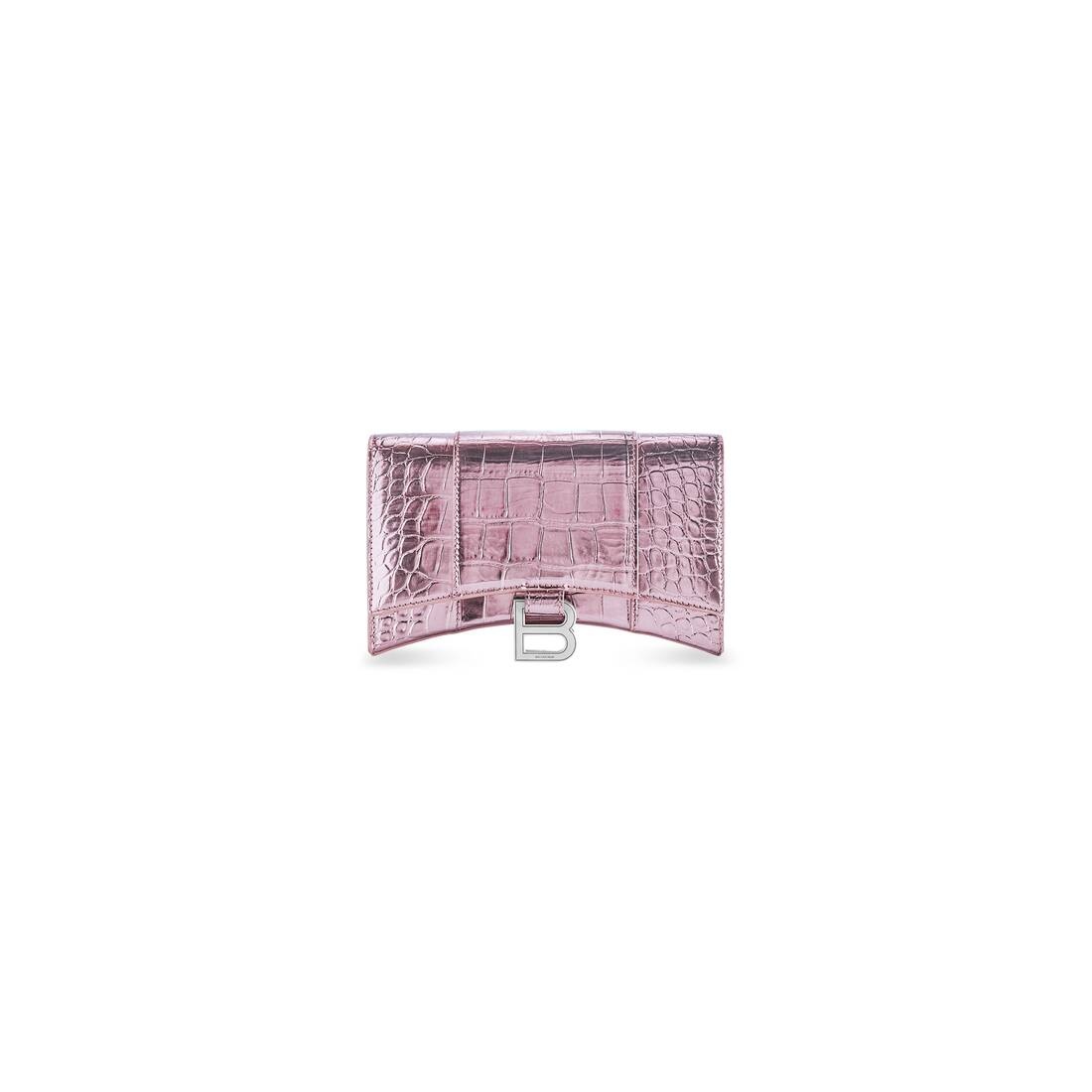 Women's Hourglass Wallet With Chain Metallized Crocodile Embossed in Pink - 5