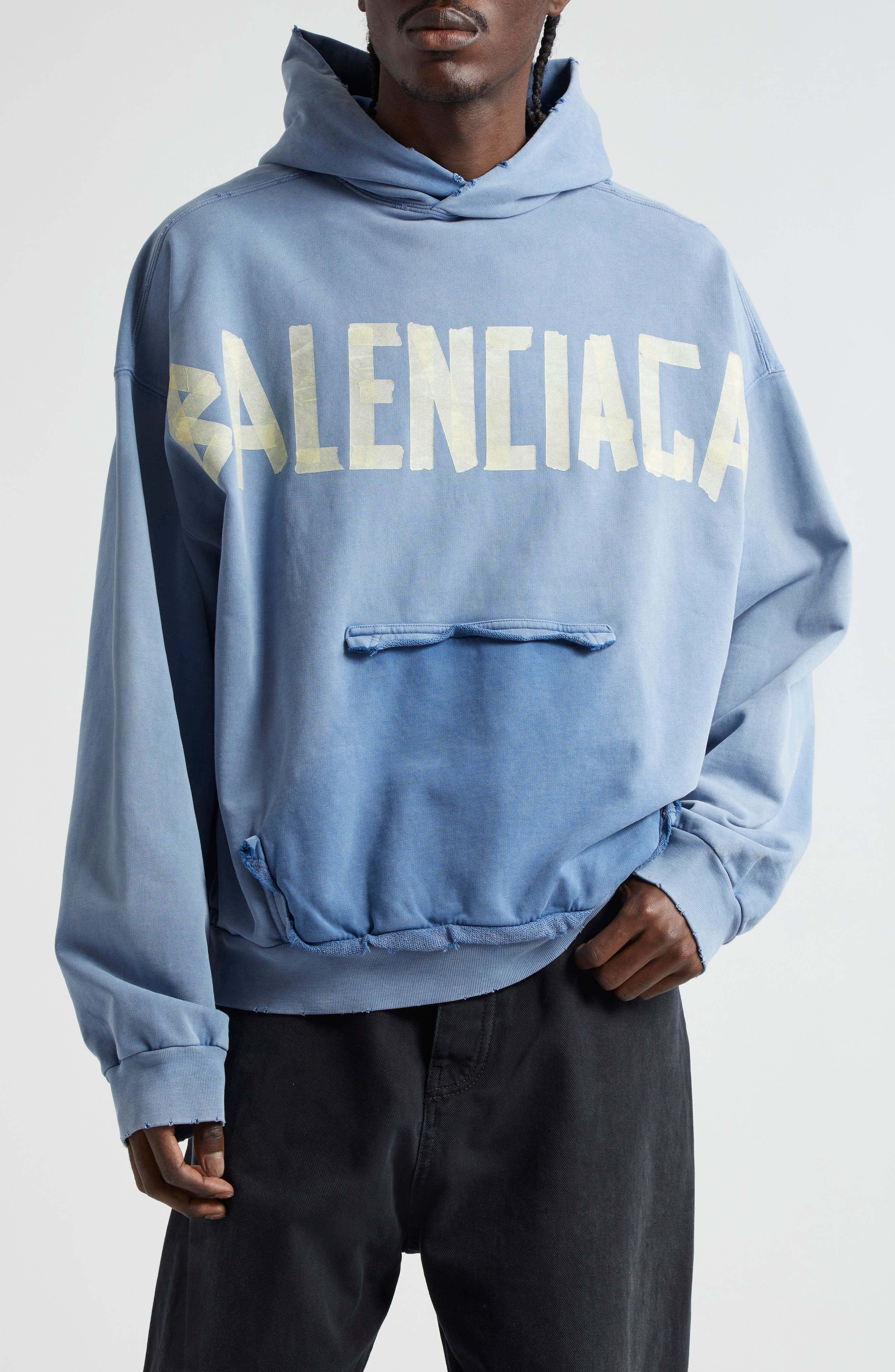 Tape Logo Distressed Cotton Hoodie - 1