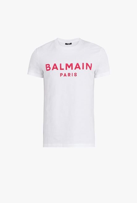 White cotton T-shirt with flocked fuchsia Balmain logo - 1