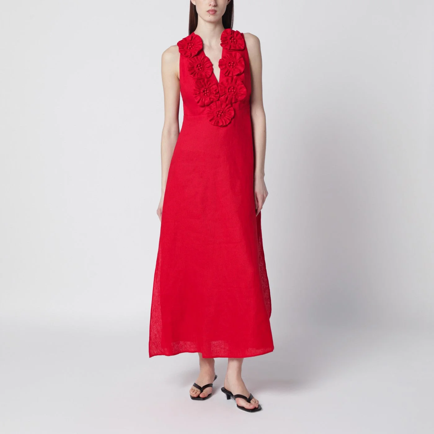 Red linen dress with floral appliqués - 1