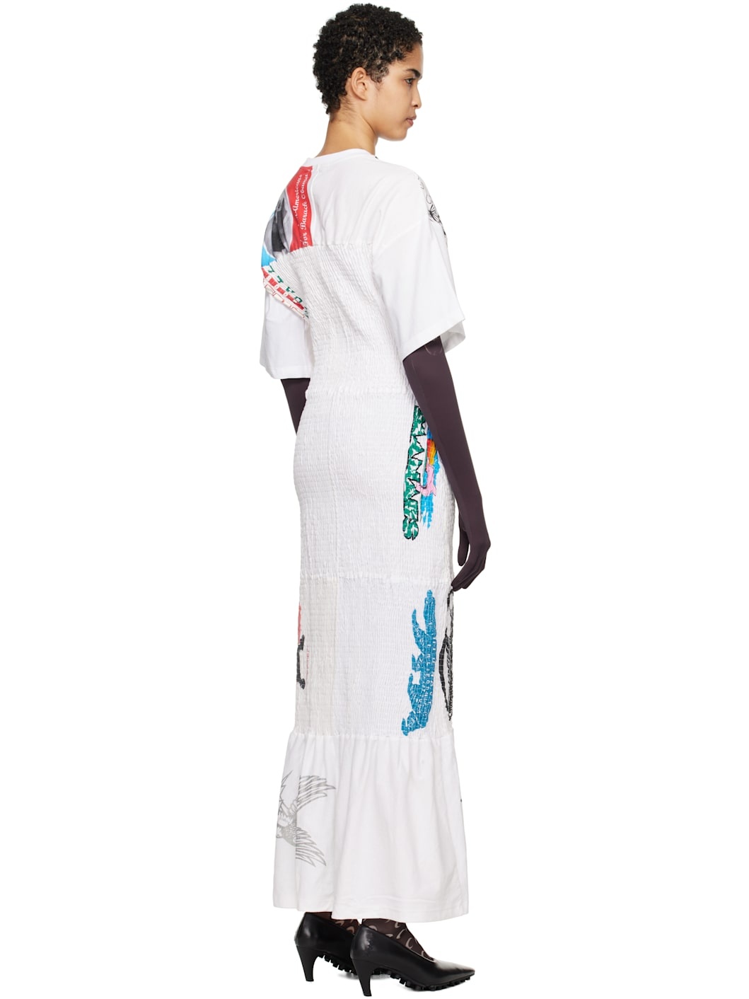White Upcycled Shirred Fitted Maxi Dress - 3