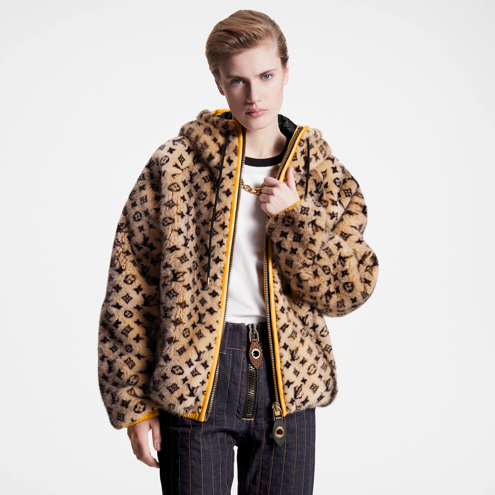 Leather Trim Monogram Mink Jacket - 3