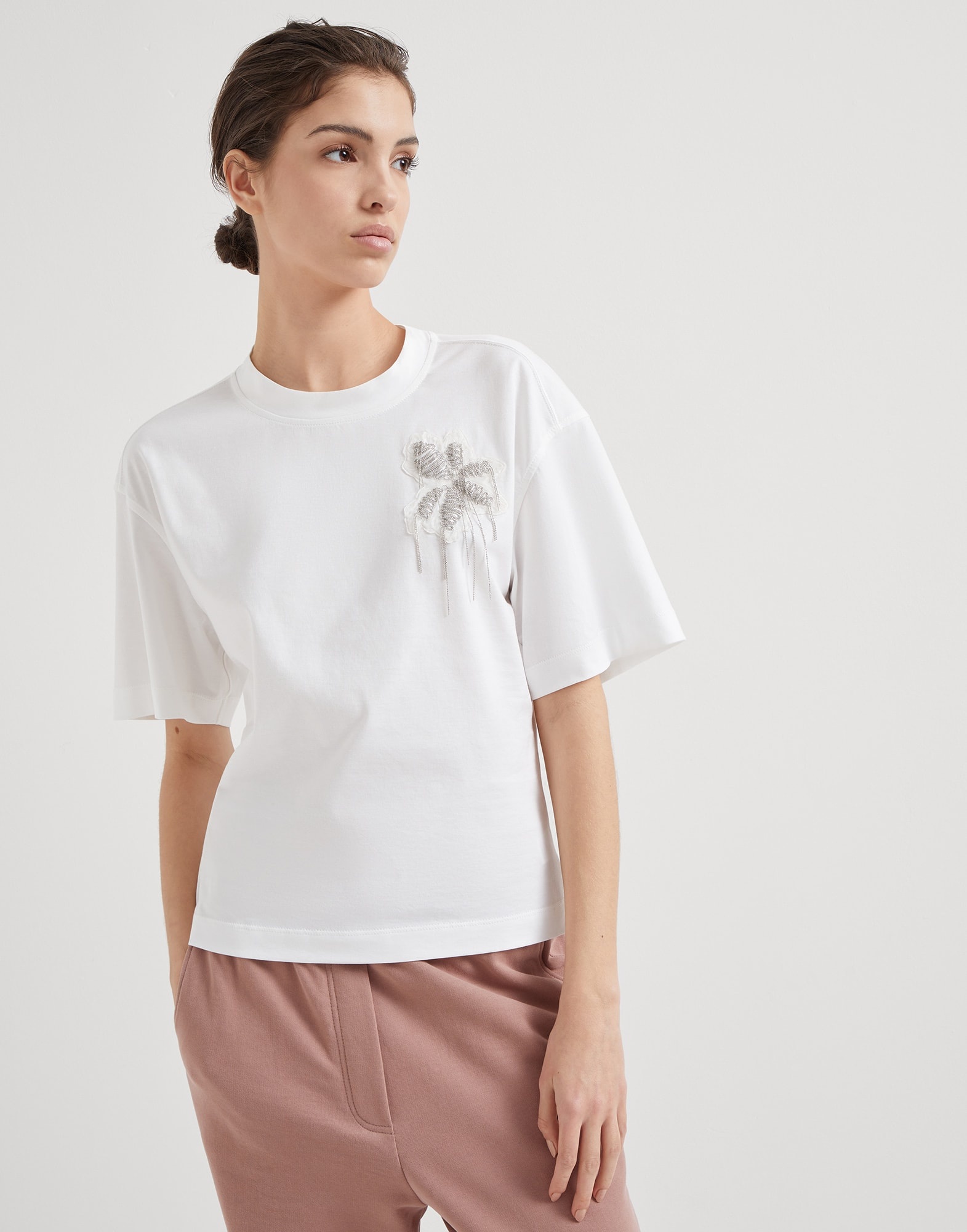 Cotton jersey T-shirt with precious flower crest - 1