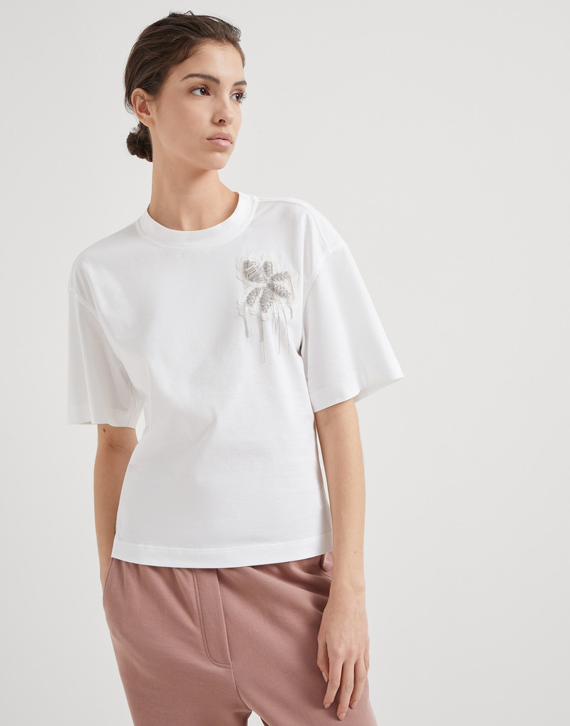 Cotton jersey T-shirt with precious flower crest 1