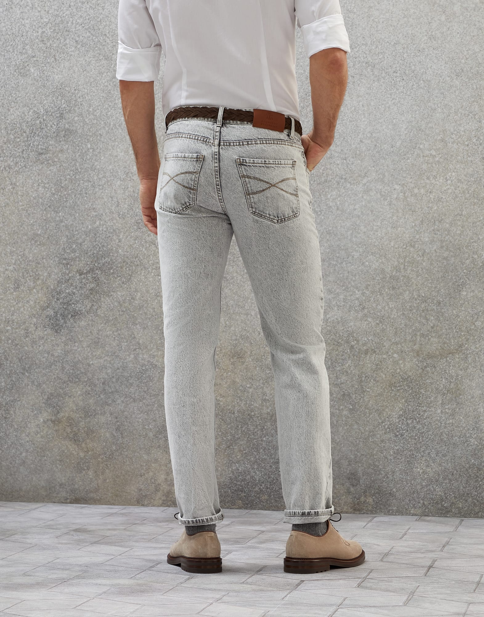 Aged denim traditional fit five-pocket trousers - 2