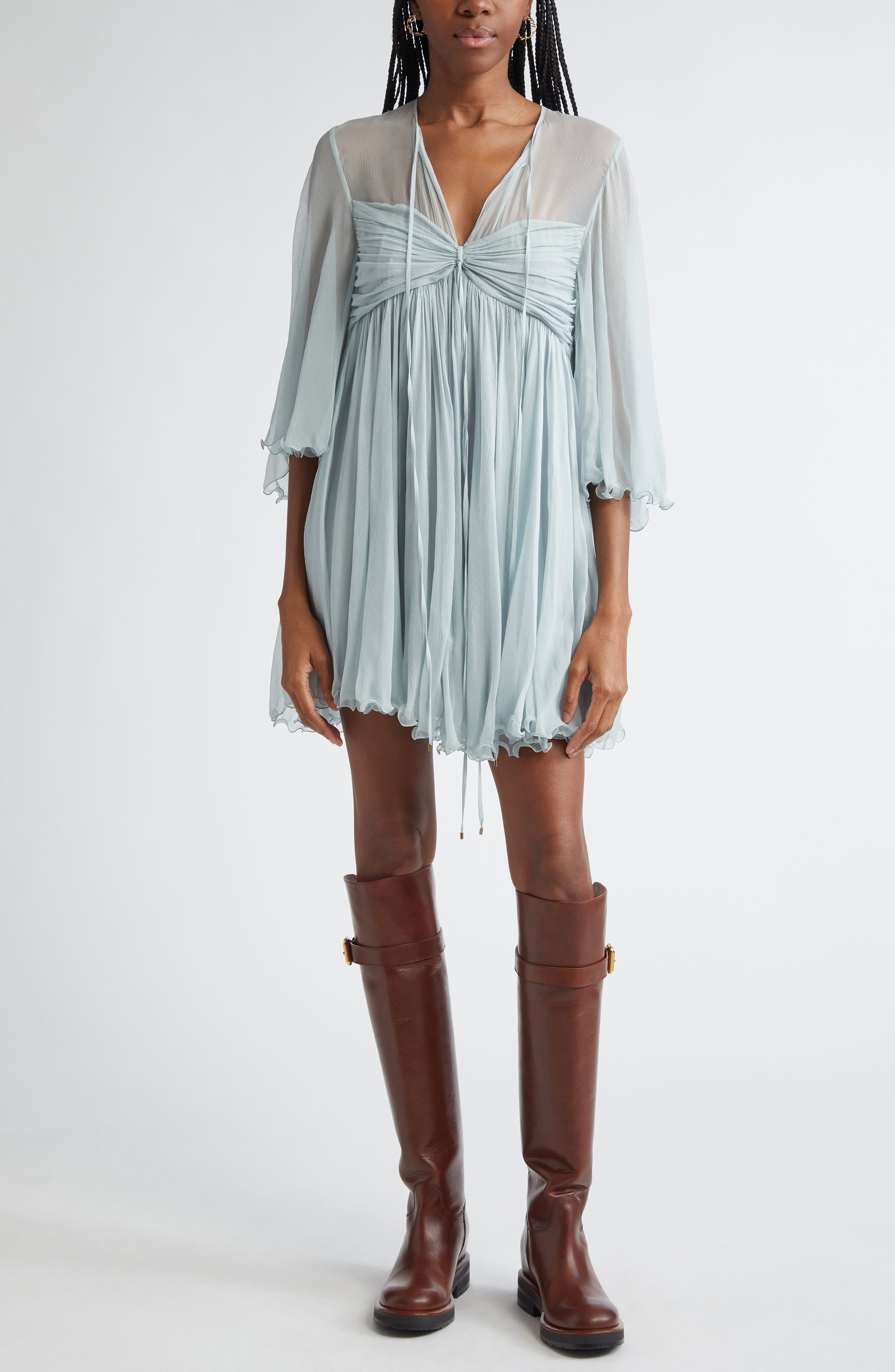 Chloé Pleated Silk Mousseline Babydoll Dress in Airy Grey at Nordstrom - 1