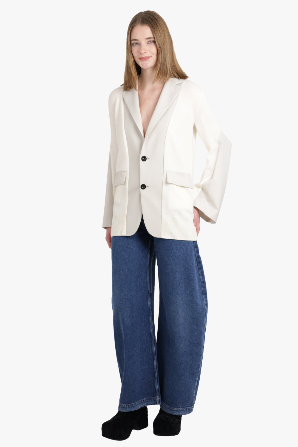 CARDIGAN X SUTING JACKET WITH BALLOON SLEEVES | ECRU/OFF WHITE - 4