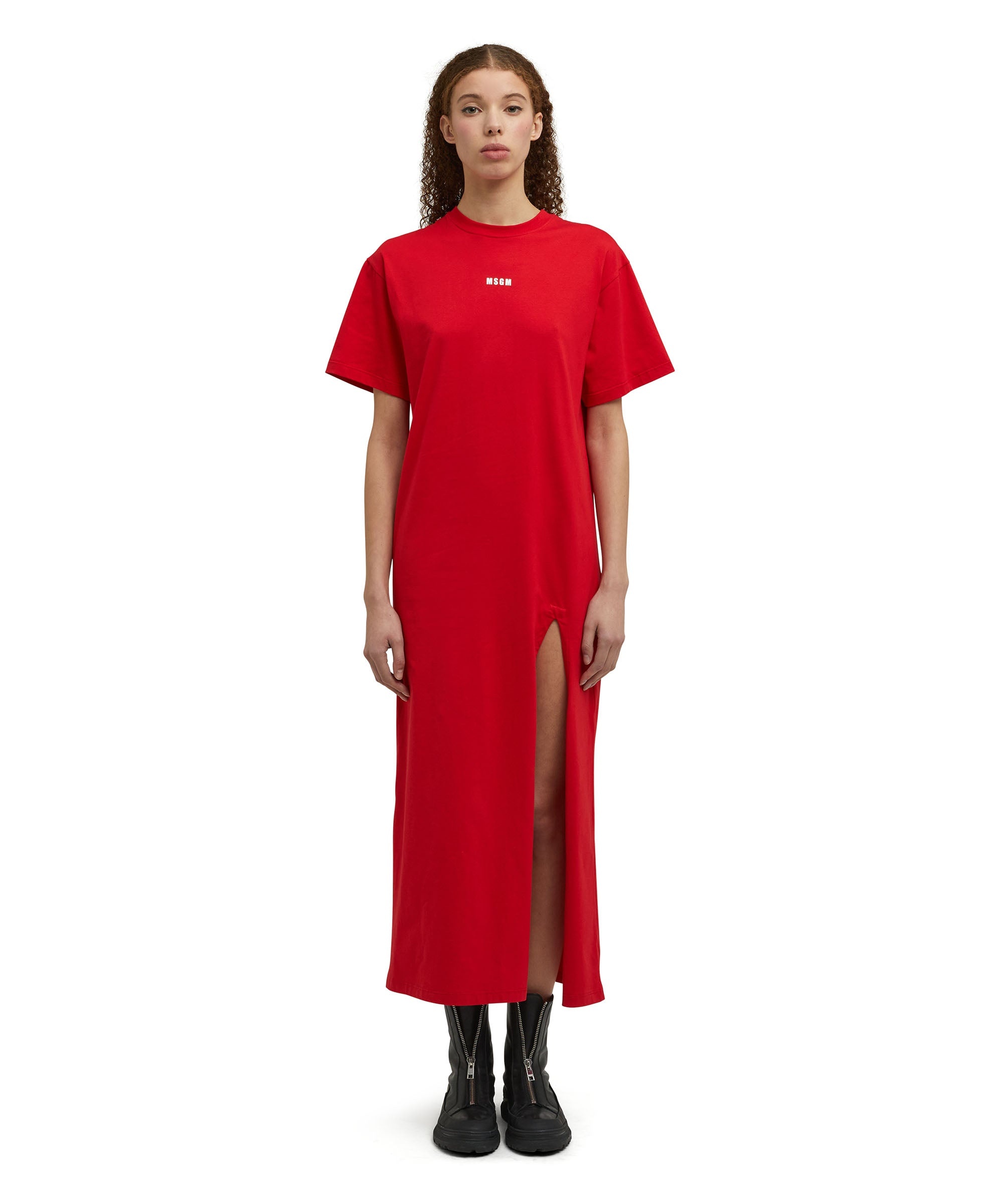 Long cotton dress with side slit and logo - 2