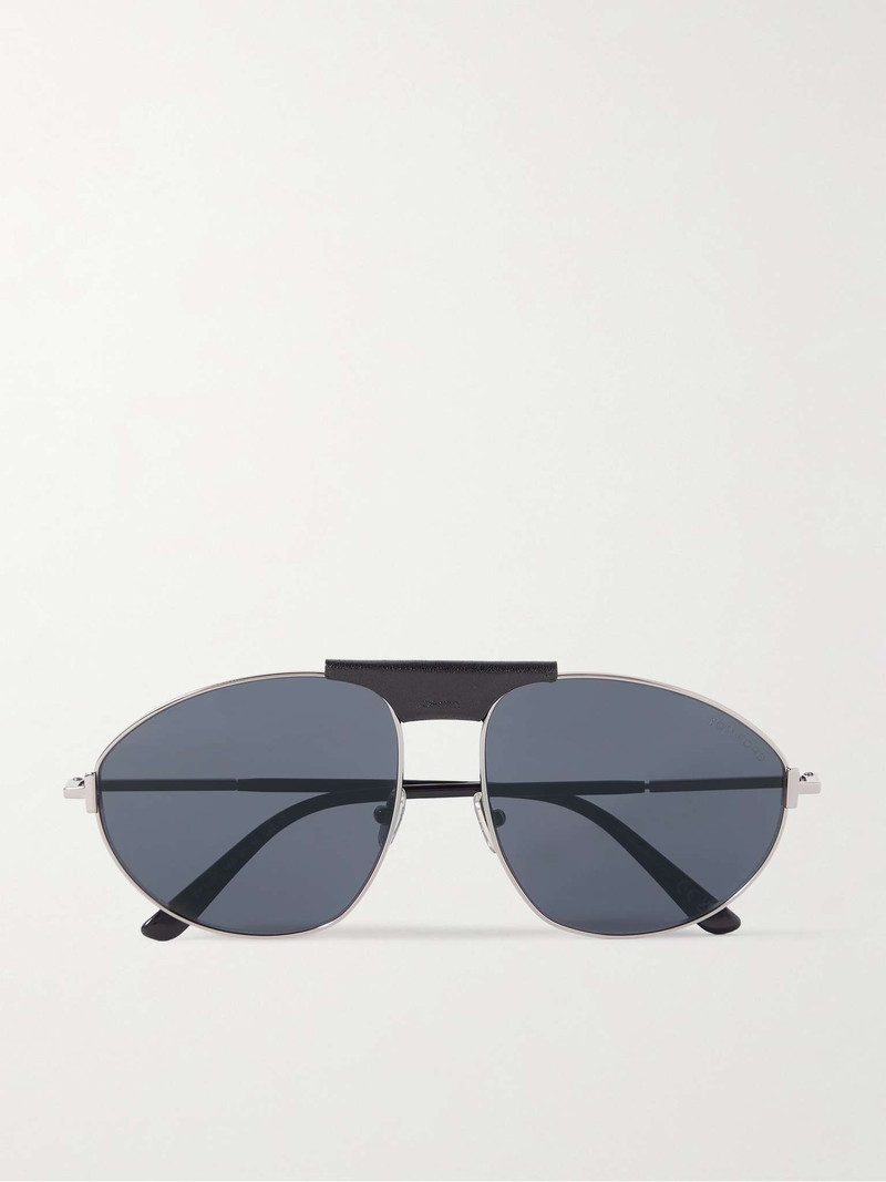 Ken Aviator-Style Leather-Trimmed Silver-Tone Sunglasses - 1