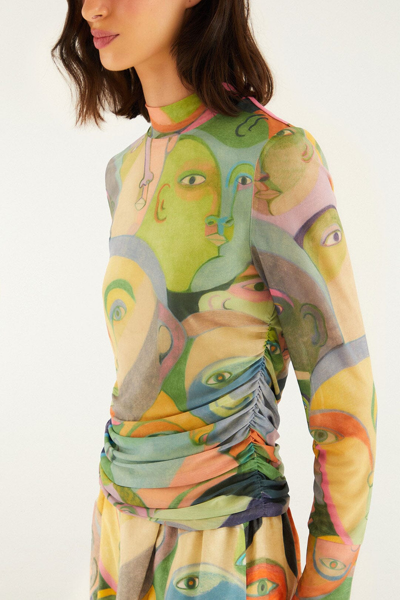 Crowded Series Drawing Long Sleeve Tulle Blouse 3