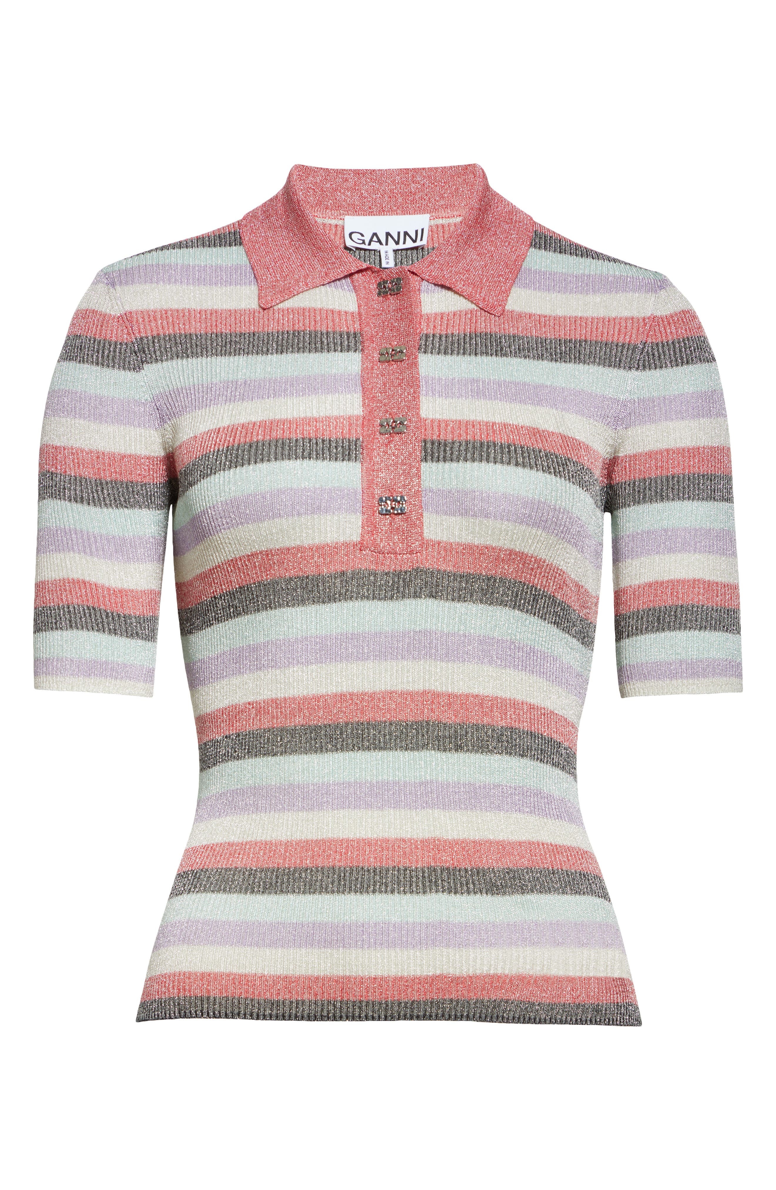 Ganni Sparkle Rib Stripe Polo in Multicolor at Nordstrom - 5