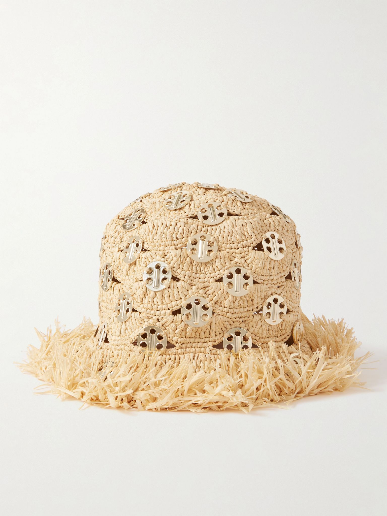 Fringed cutout chainmail-embellished raffia hat Gold - 3