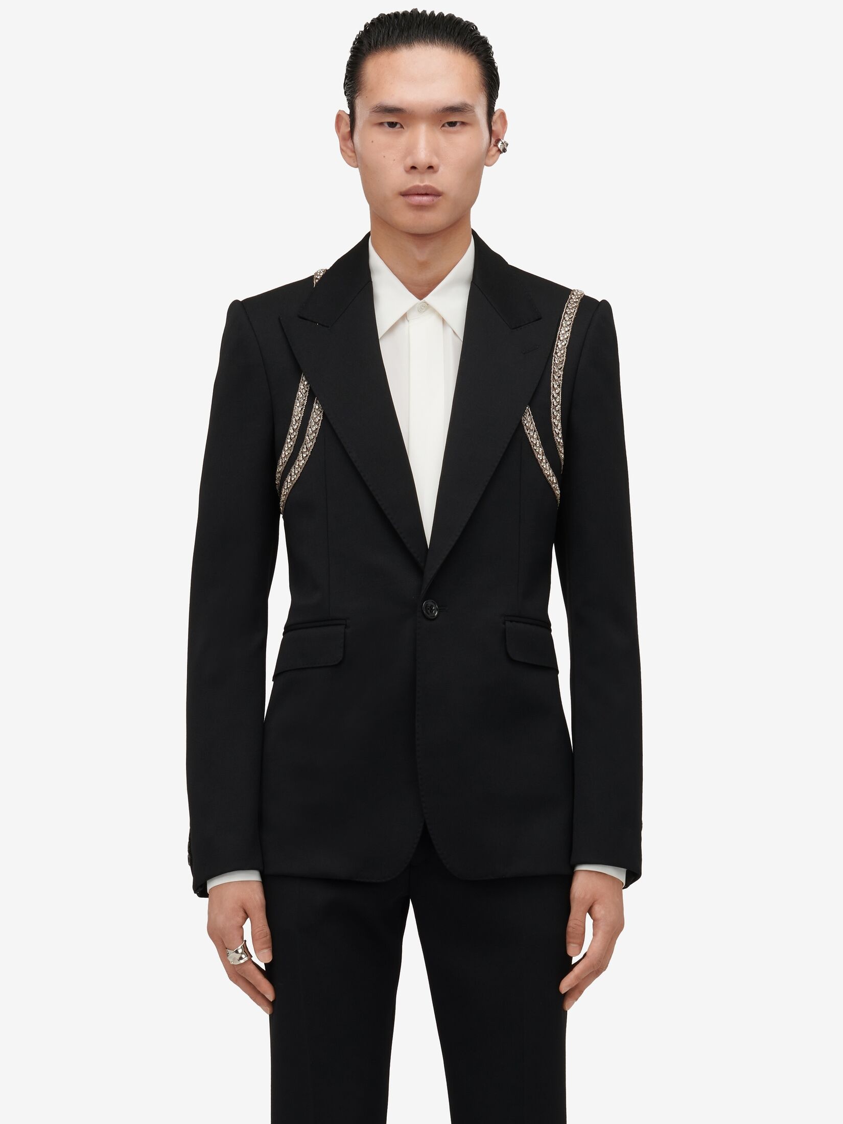 Men's Embroidered Harness Single-breasted Jacket in Black - 5