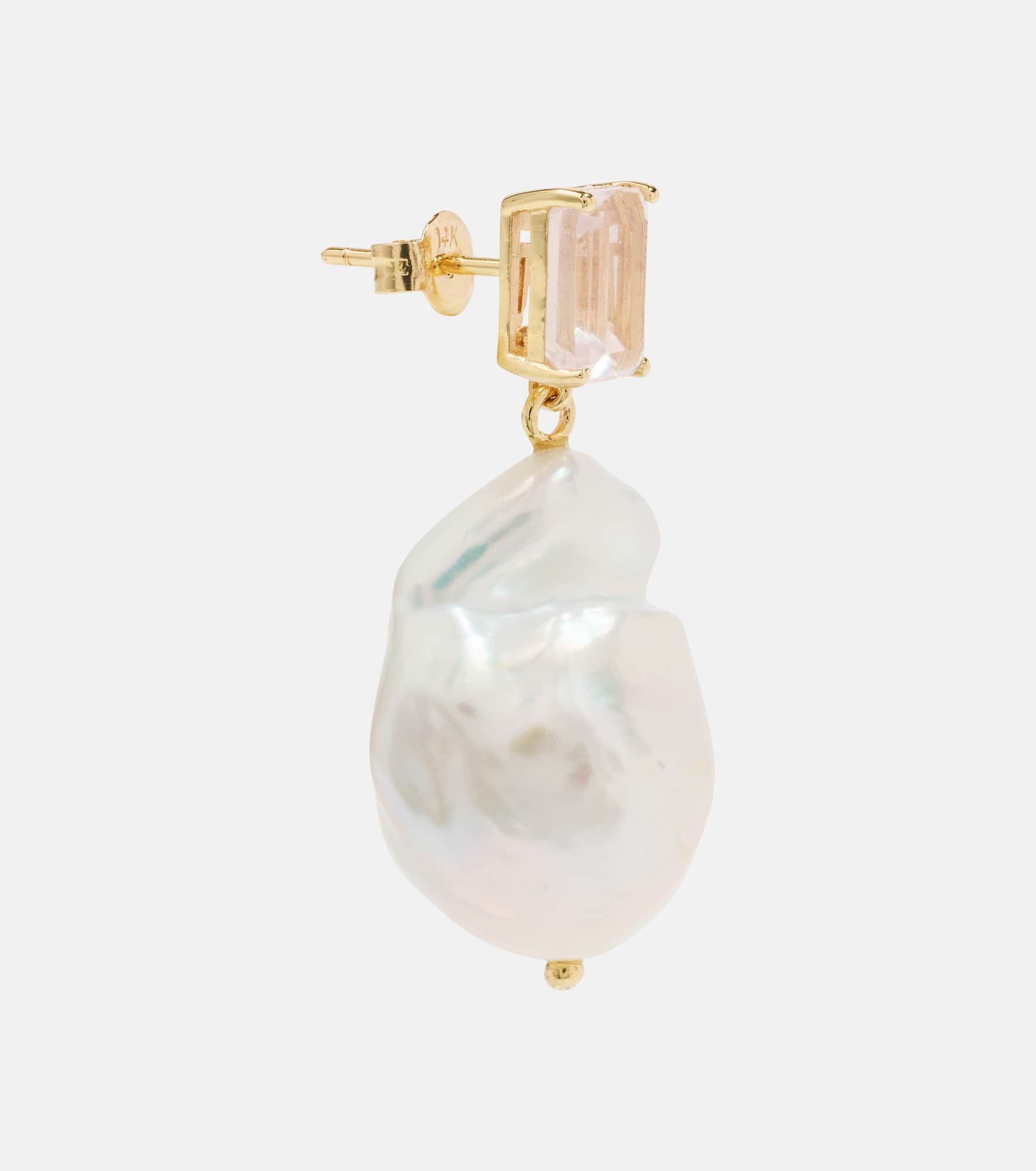 14kt gold drop earrings with rose quartz and Baroque pearls - 2