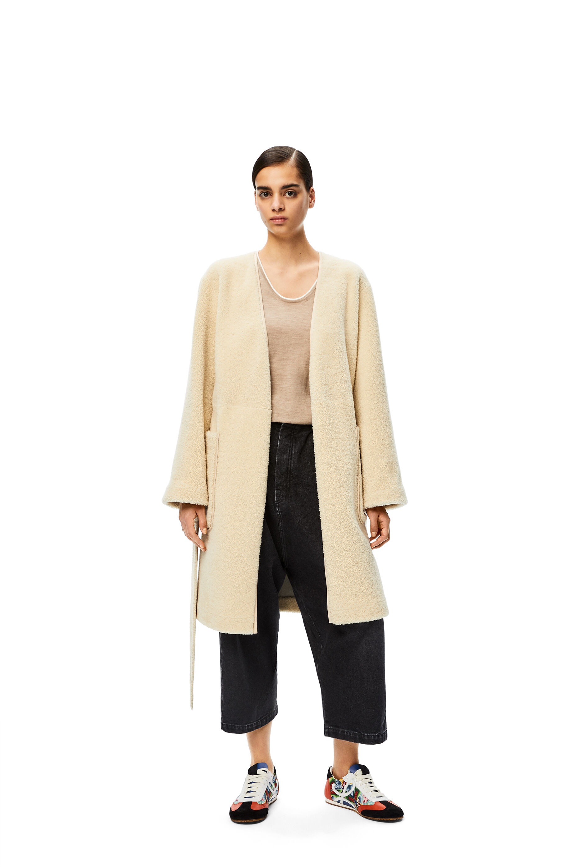 Collarless wrap coat in shearling - 2