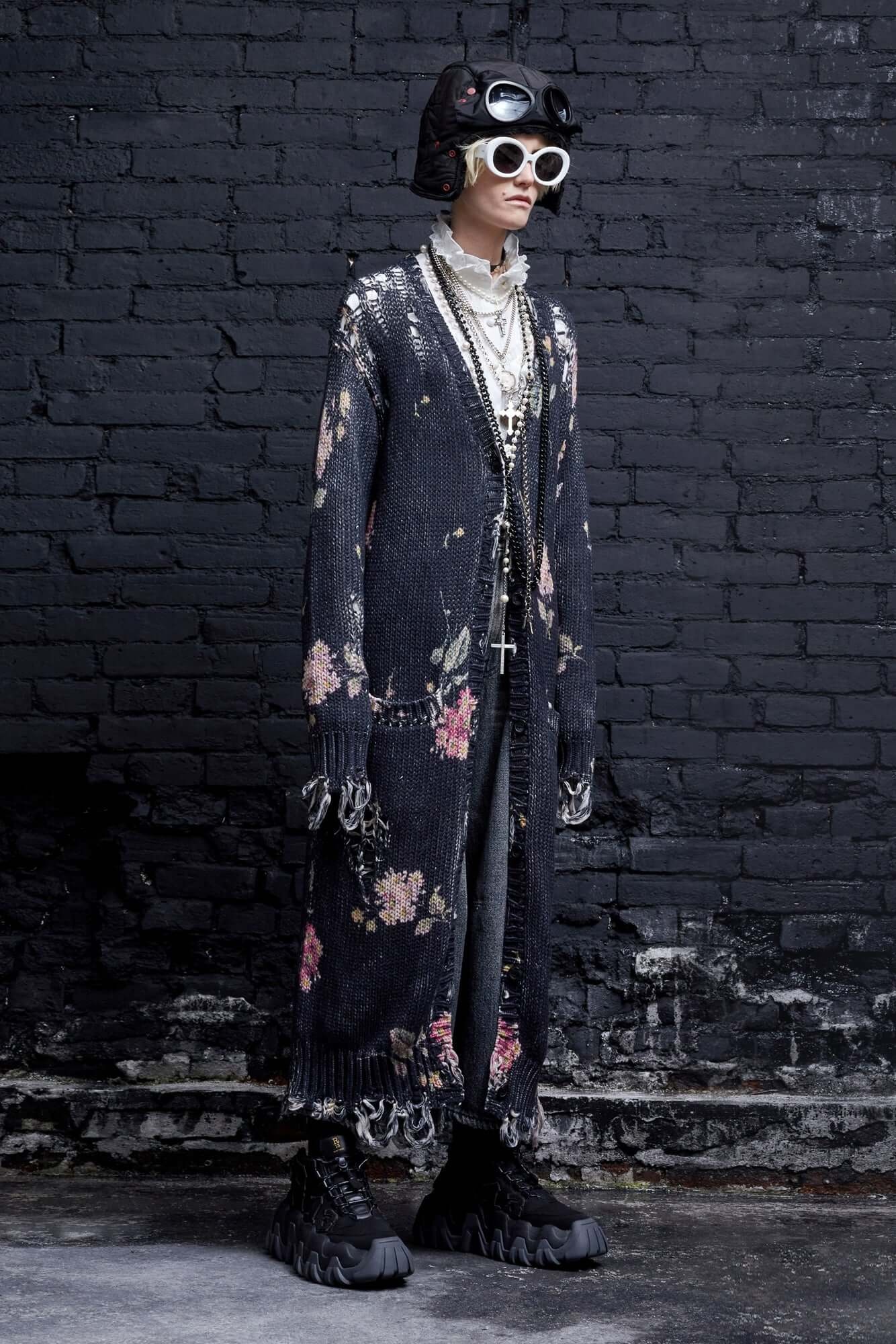 DISTRESSED LONG CARDIGAN - FLORAL ON BLACK - 2