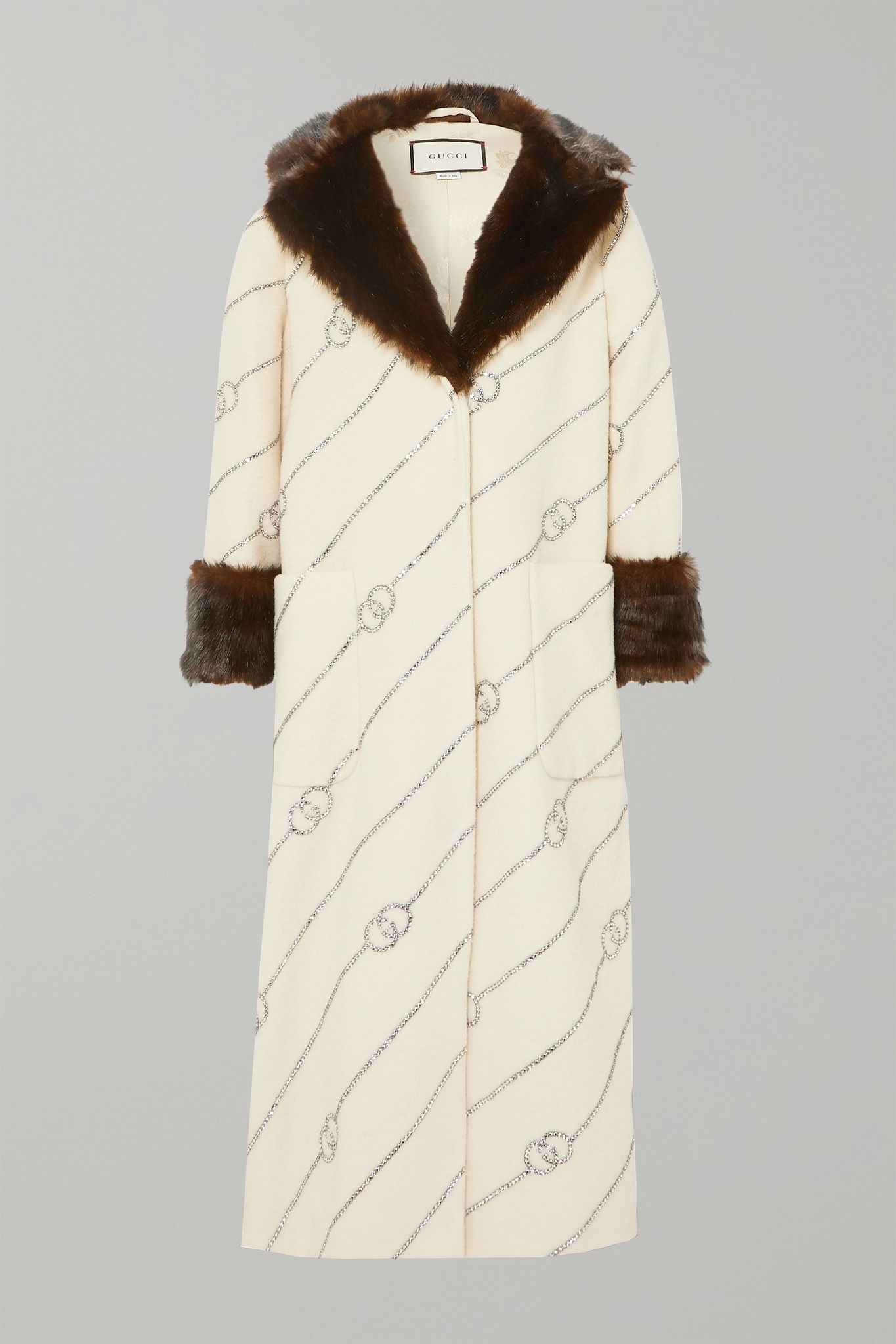 Faux fur-trimmed crystal-embellished wool-felt coat - 1