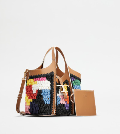 Tod's T TIMELESS SHOPPING BAG IN LEATHER AND RAFFIA MINI - BROWN, BLACK, LIGHT BLUE outlook