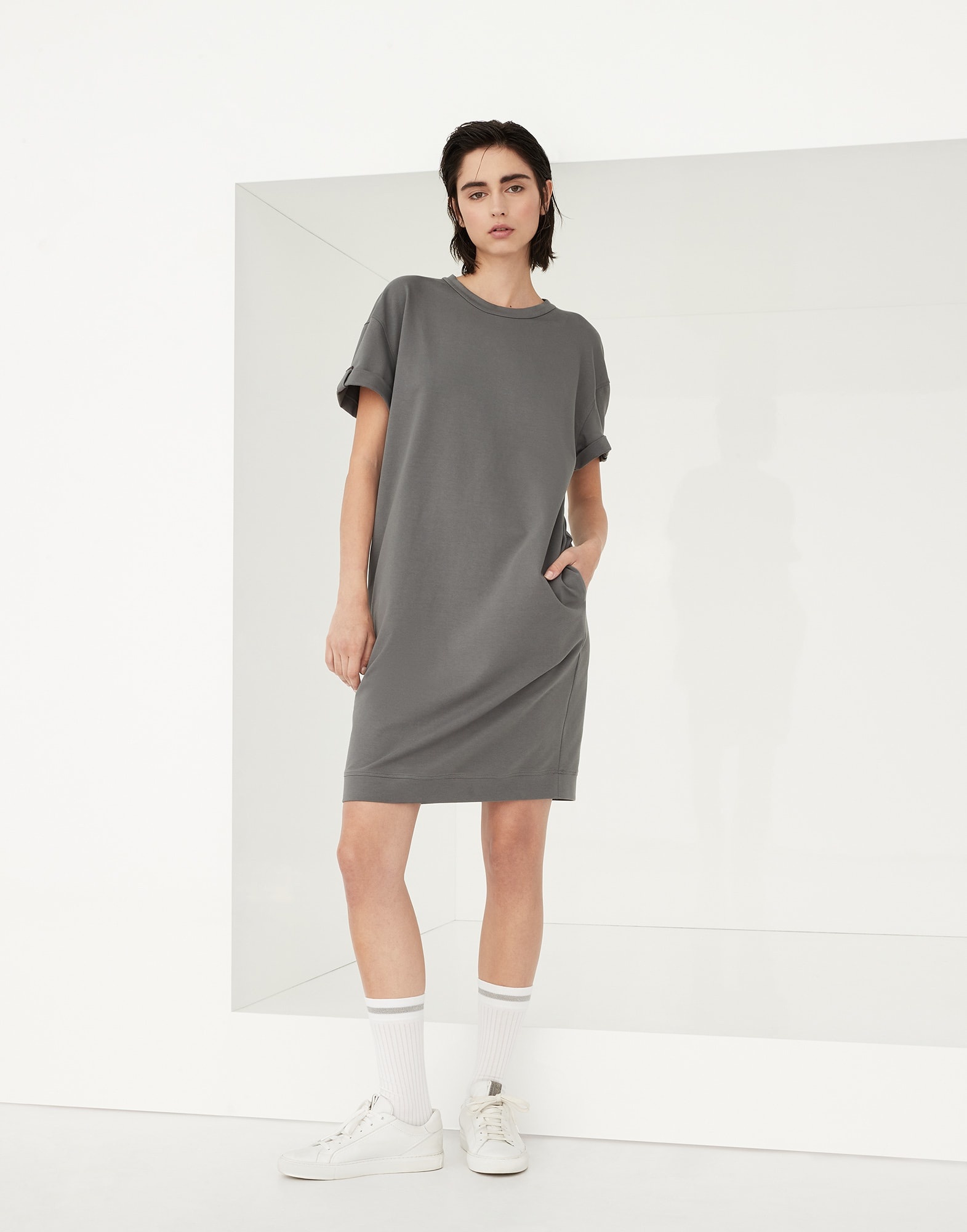 Stretch cotton lightweight French terry dress with shiny cuff detail - 1