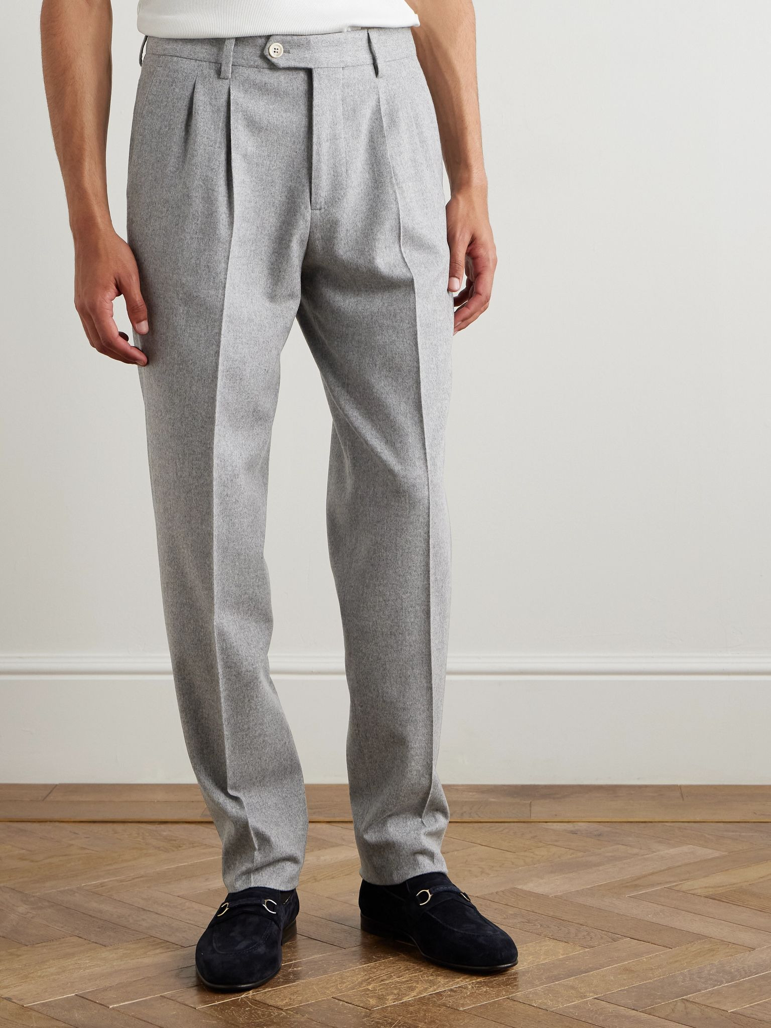 Straight-Leg Pleated Cotton and Cashmere-Blend Suit Trousers Gray - 3