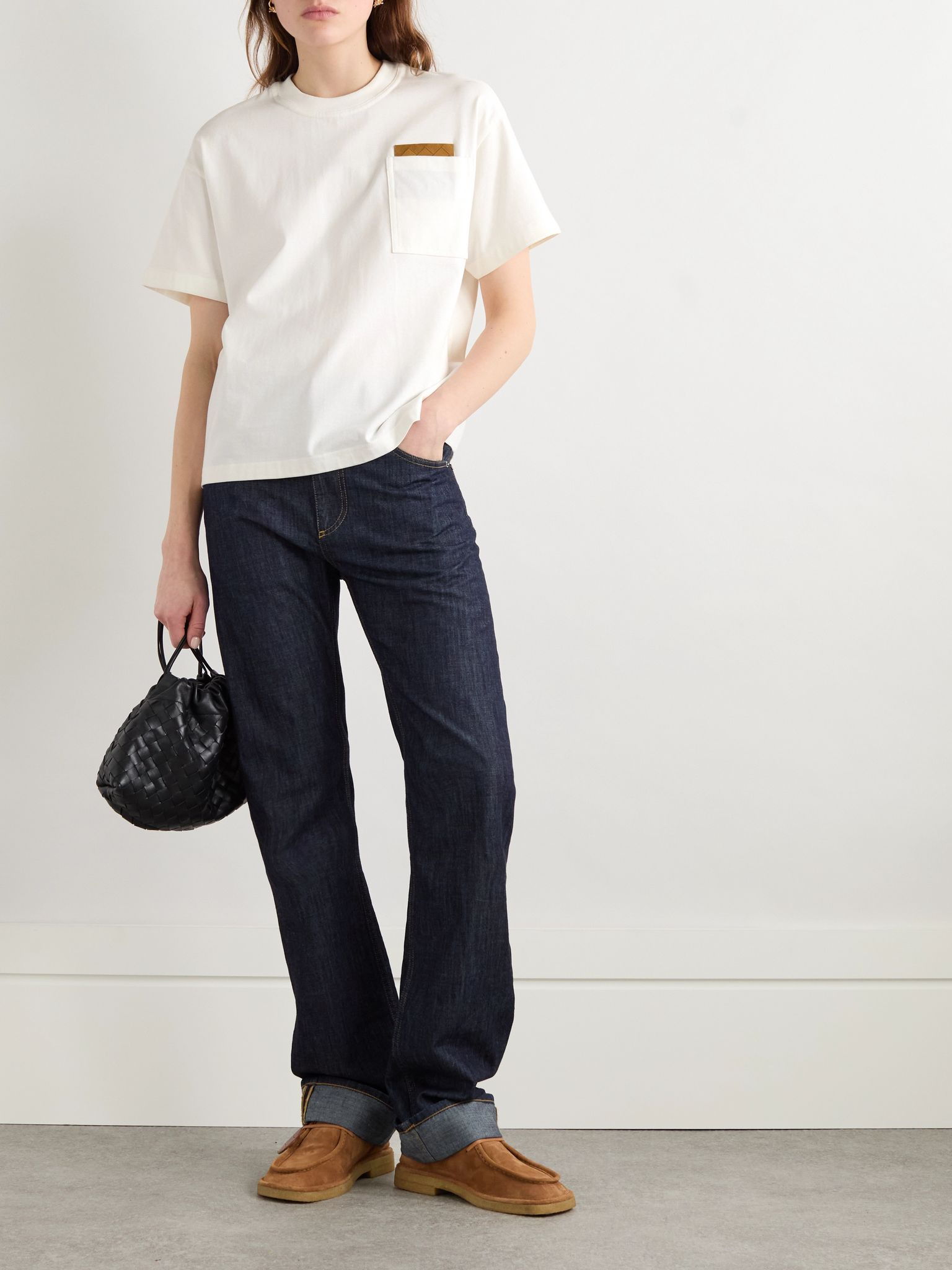 Intrecciato suede-trimmed organic cotton-jersey T-shirt Off-white - 2