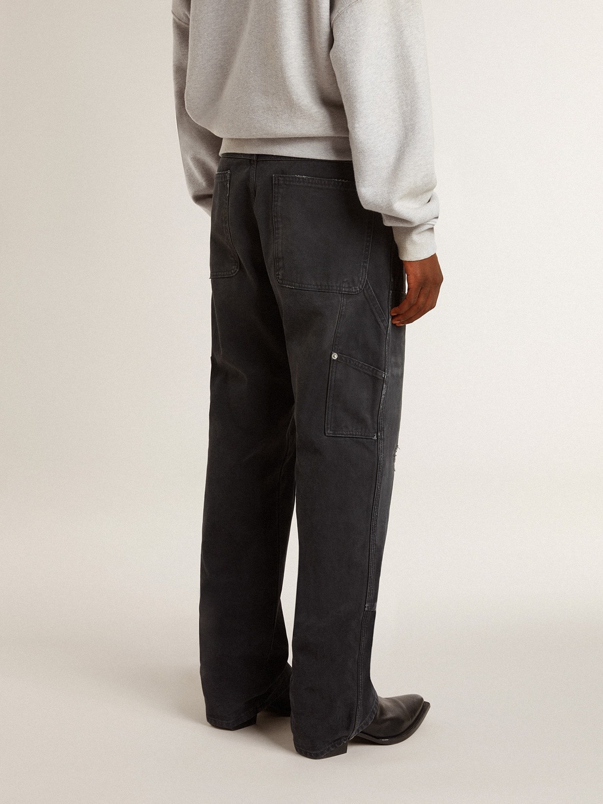 Men's distressed black cotton jeans with front patches - 3