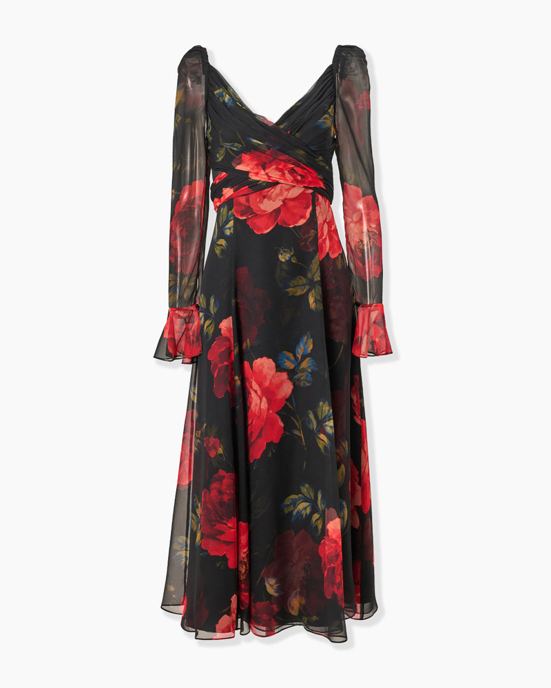 Rose-Print Chiffon V-Neck Midi Dress 1