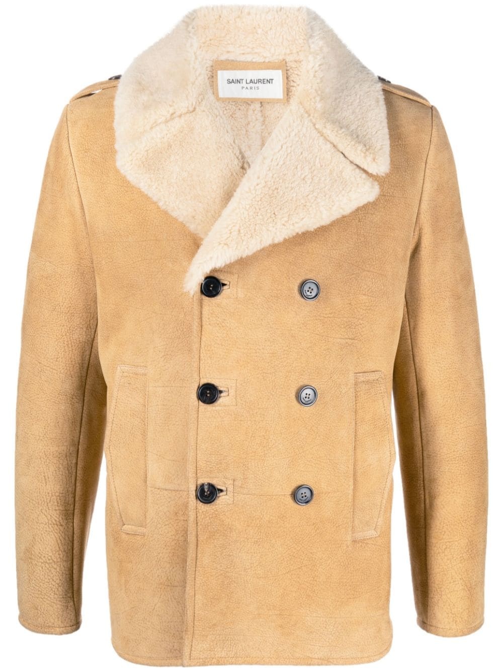 double-breasted shearling pea coat - 1