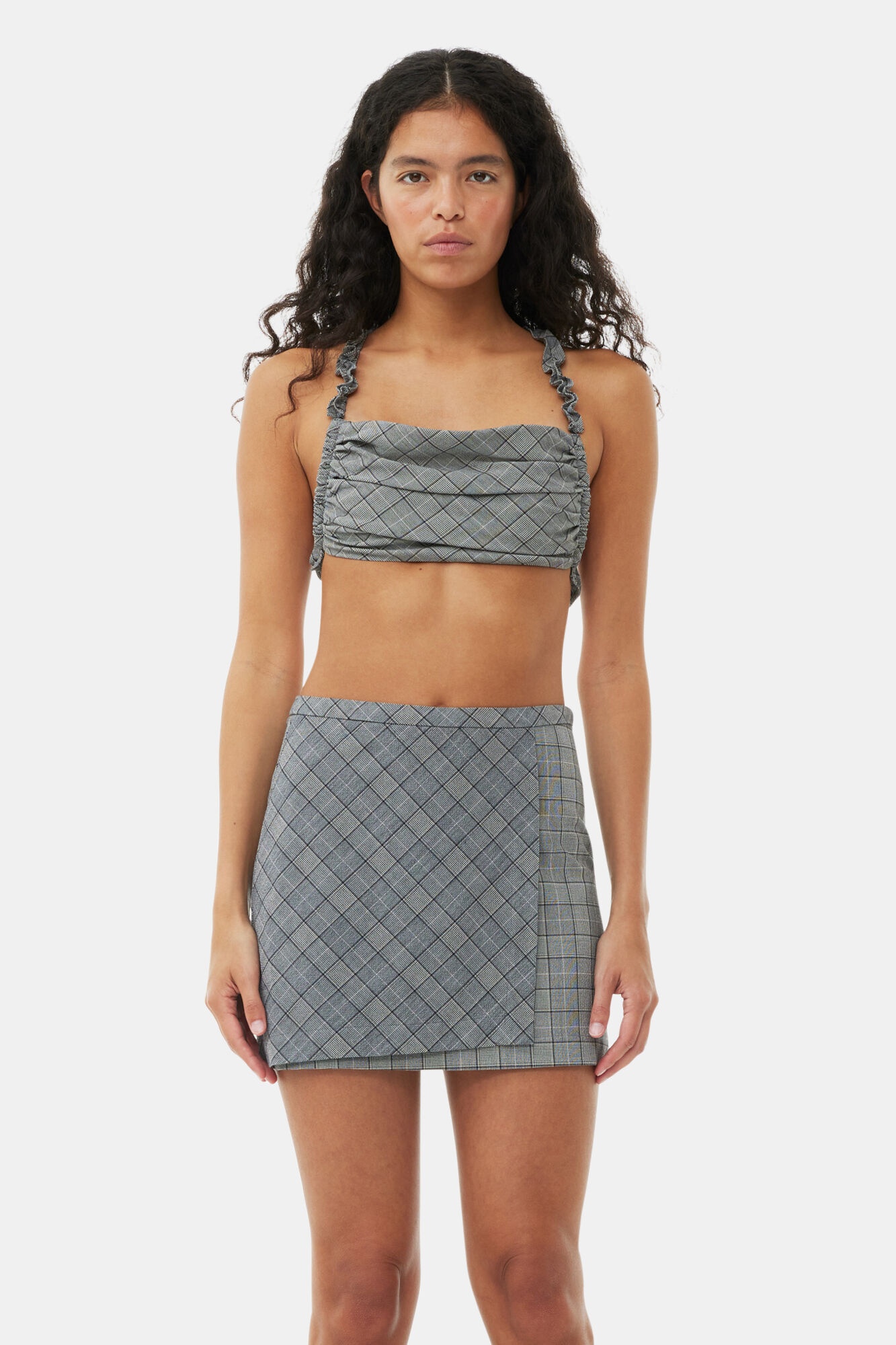GREY CHECKERED MIX RUCHED TOP - 2