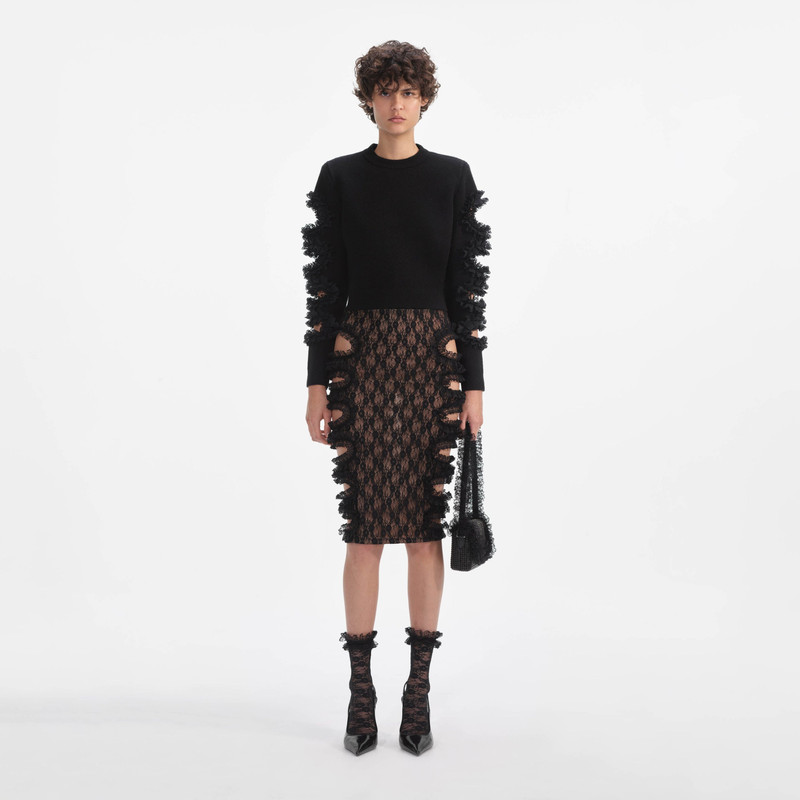 Black Lace Cut Out Midi Skirt - 1