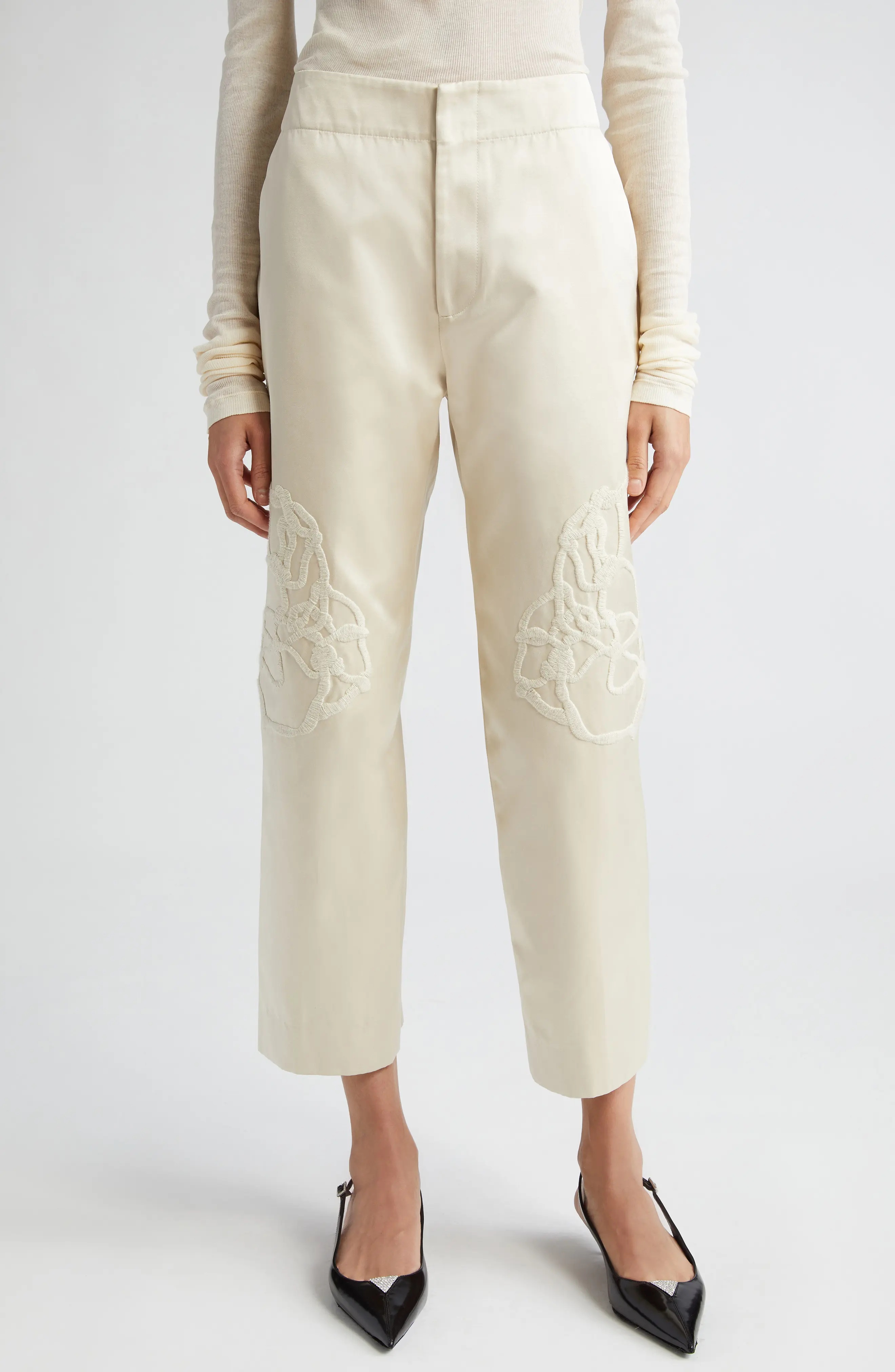 Cheval Floral Embroidered Crop Satin Straight Leg Pants - 1