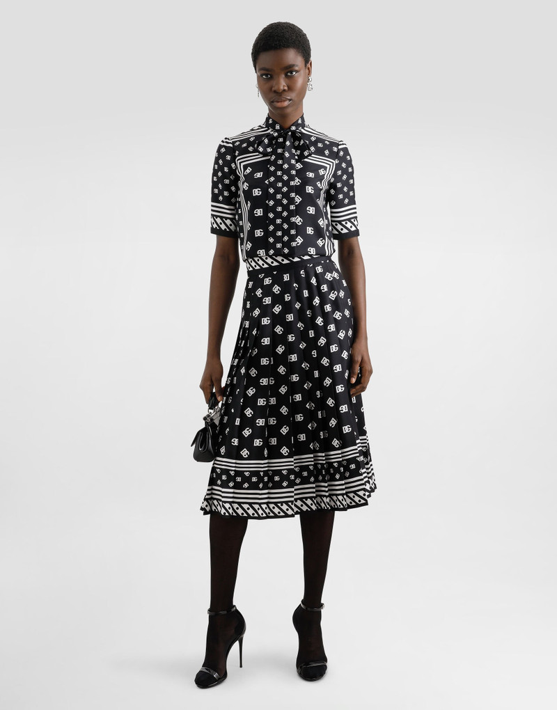 Dolce & Gabbana Pleated silk twill calf-length skirt with all-over DG logo scarf print outlook