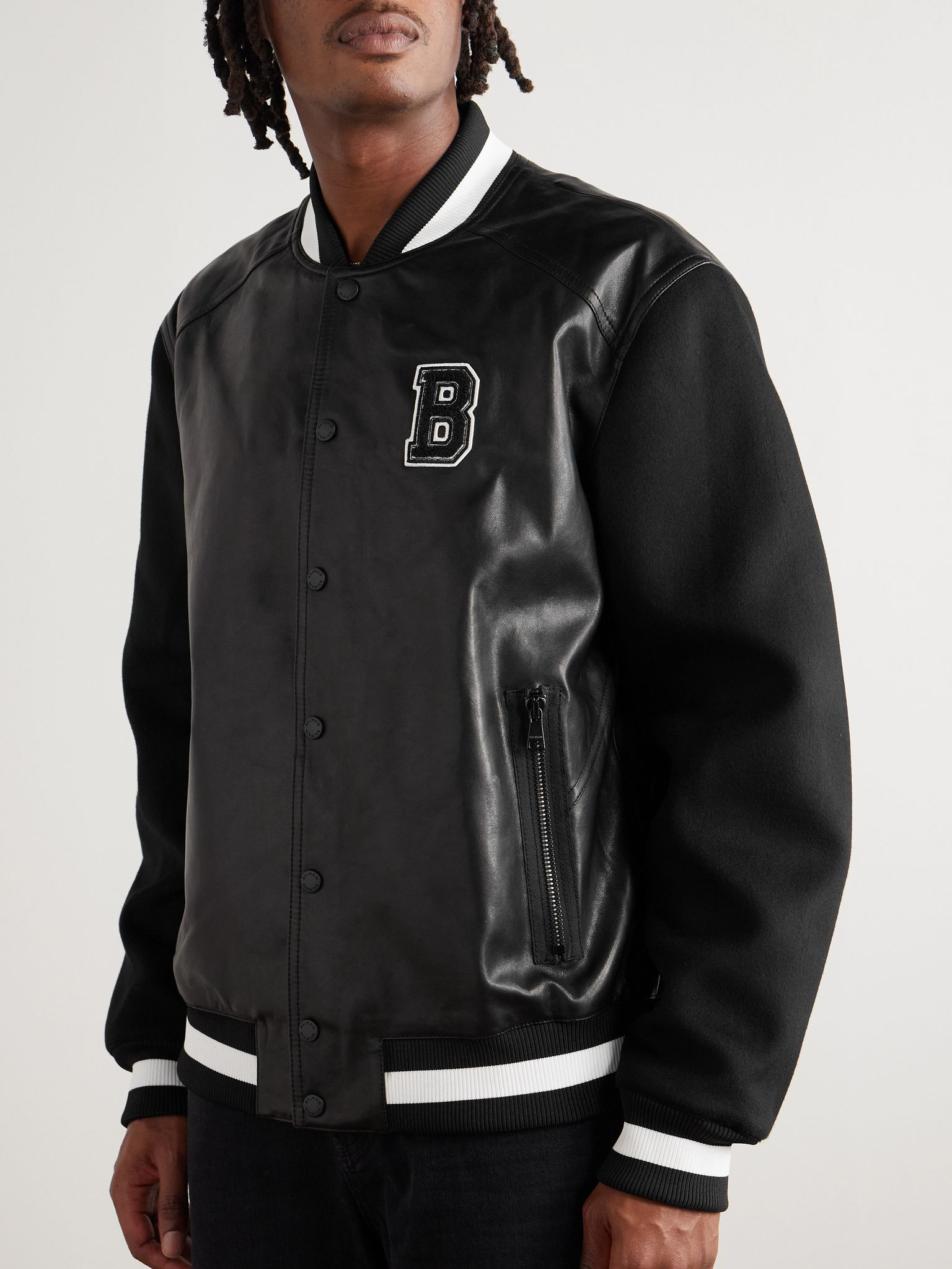 Logo-Appliquéd Leather and Wool Varsity Jacket Black - 3