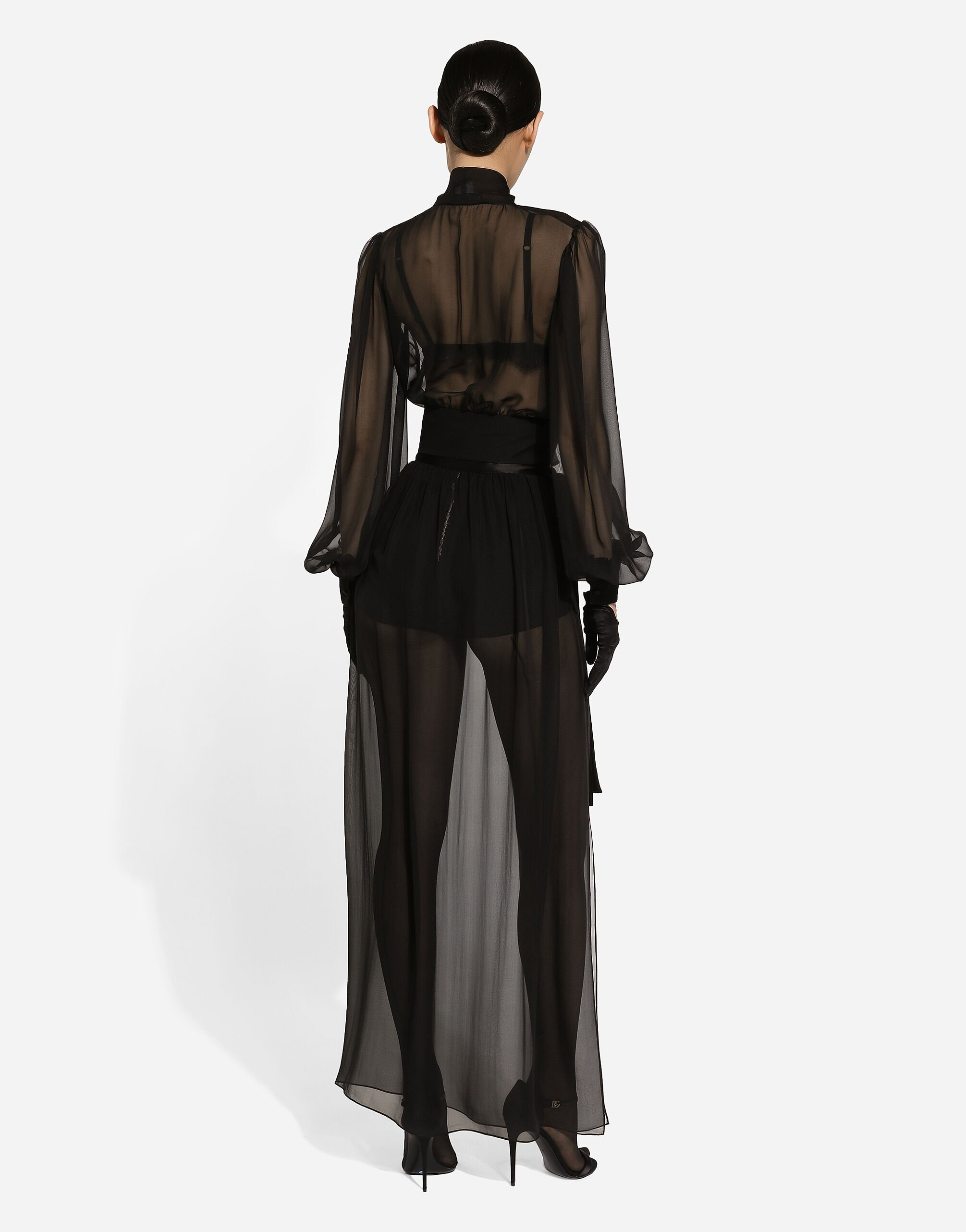Long silk chiffon skirt with belt - 4