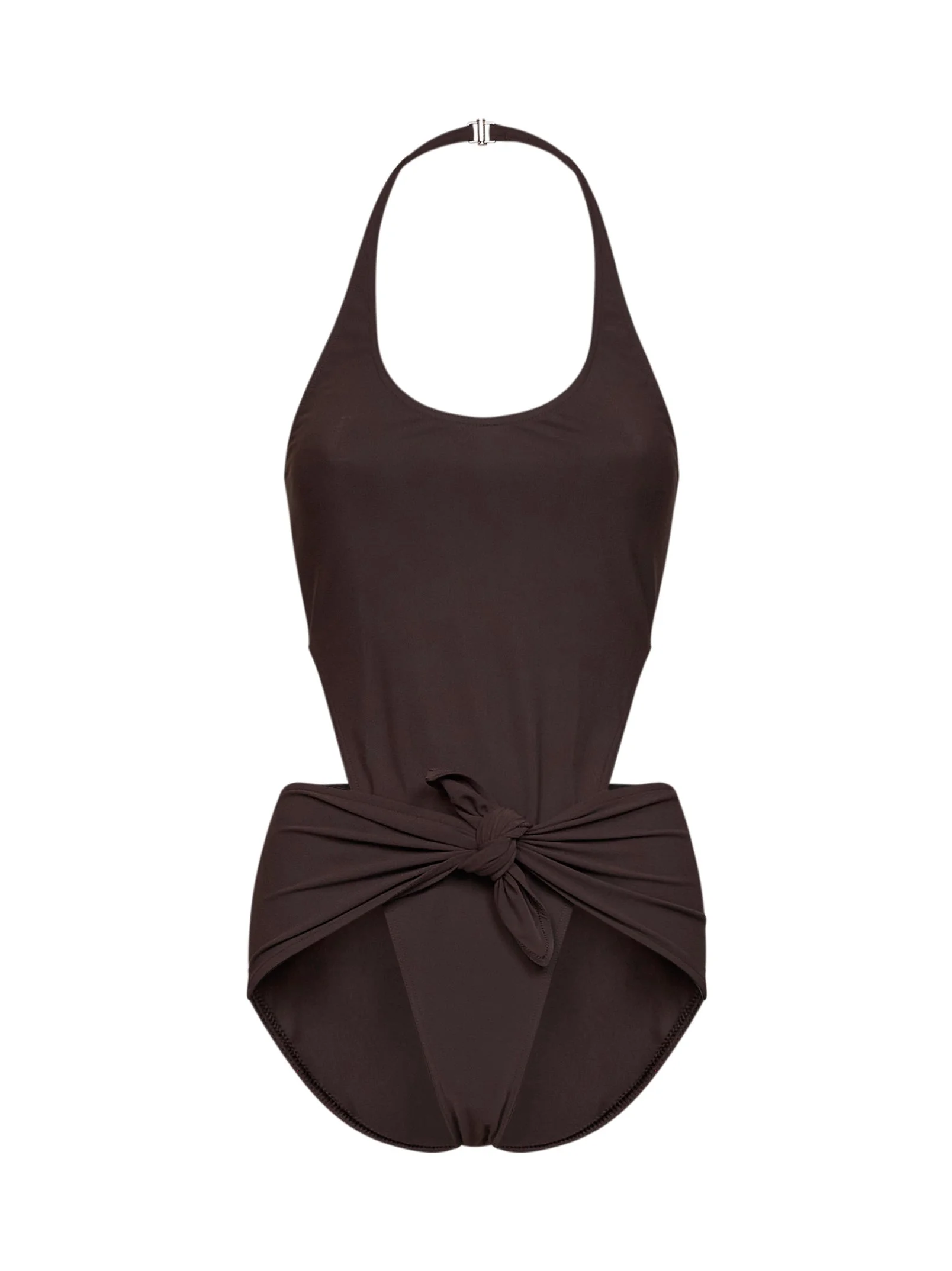 Chocolate jersey one-piece swimsuit with knot and cut-outs - 1